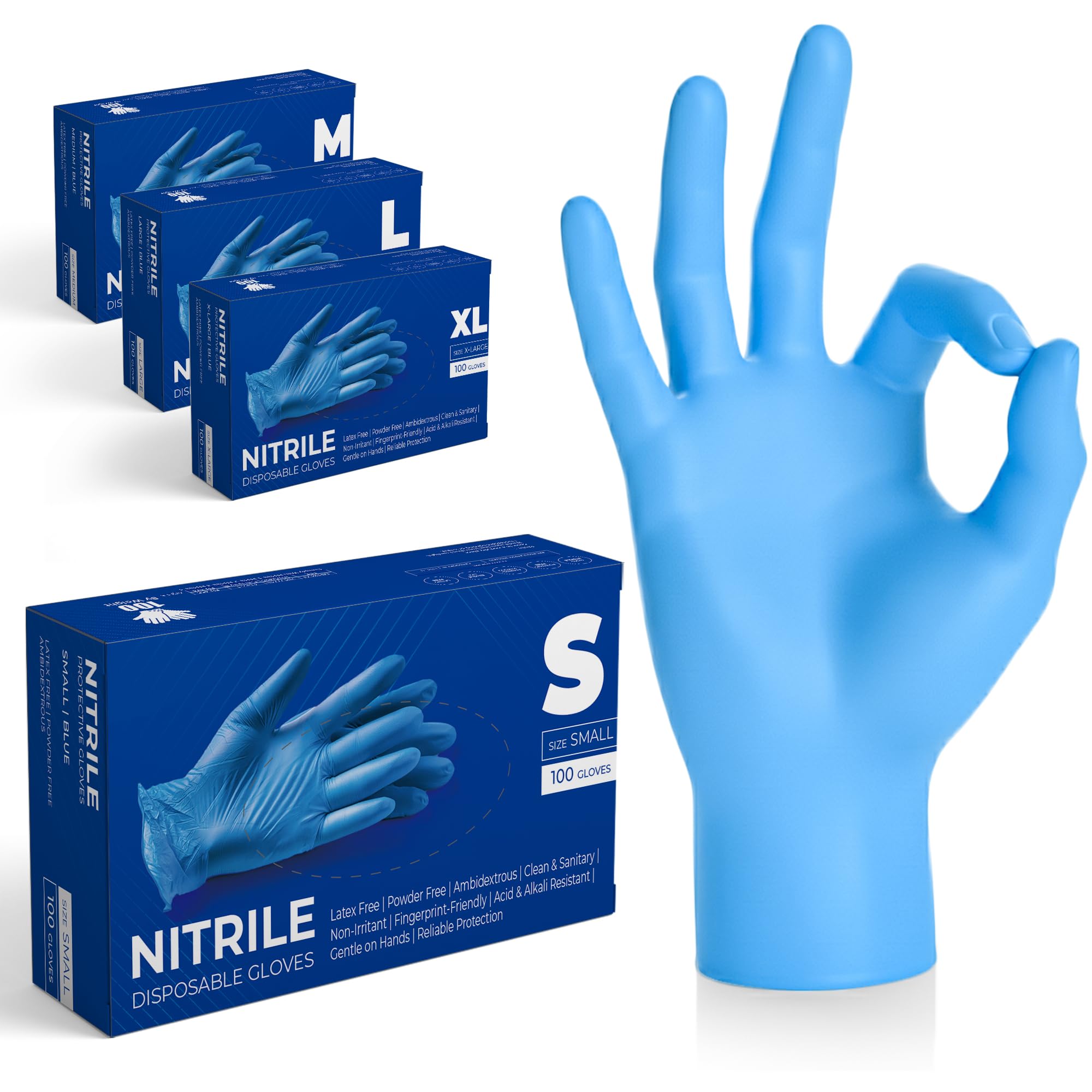 Blue Professional Nitrile Powder Free Multi-Purpose Gloves, Disposable, Extra Strong - Box of 100 (Blue, Small)