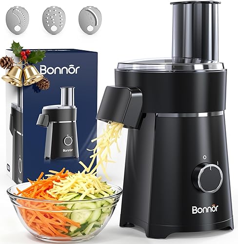 Electric Cheese Grater with Salad Shooter, 3 in 1 Food Chopper & Electric Vegetable Slicer. 200W Motor, 3 Blades, Comes with Safety Push Bar, Dishwasher Safe for Home Kitchen (Black)