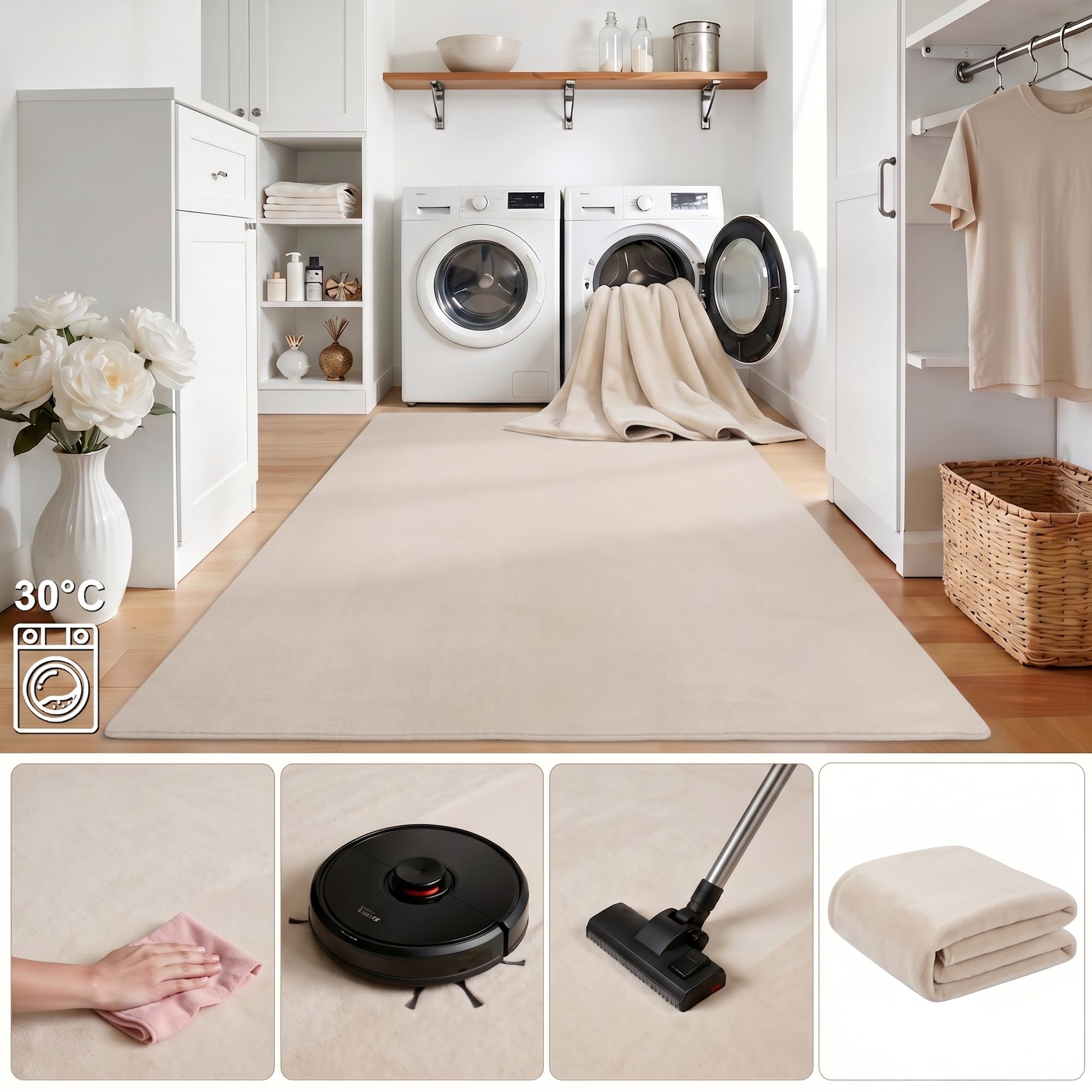 HomebyHome Teppich Creme 200x280 cm Waschbarer Kurzflor Teppich, rutschfest & weich, modernes einfarbiges Design für Wohnzimmer, Schlafzimmer, Küche & Kinderzimmer.