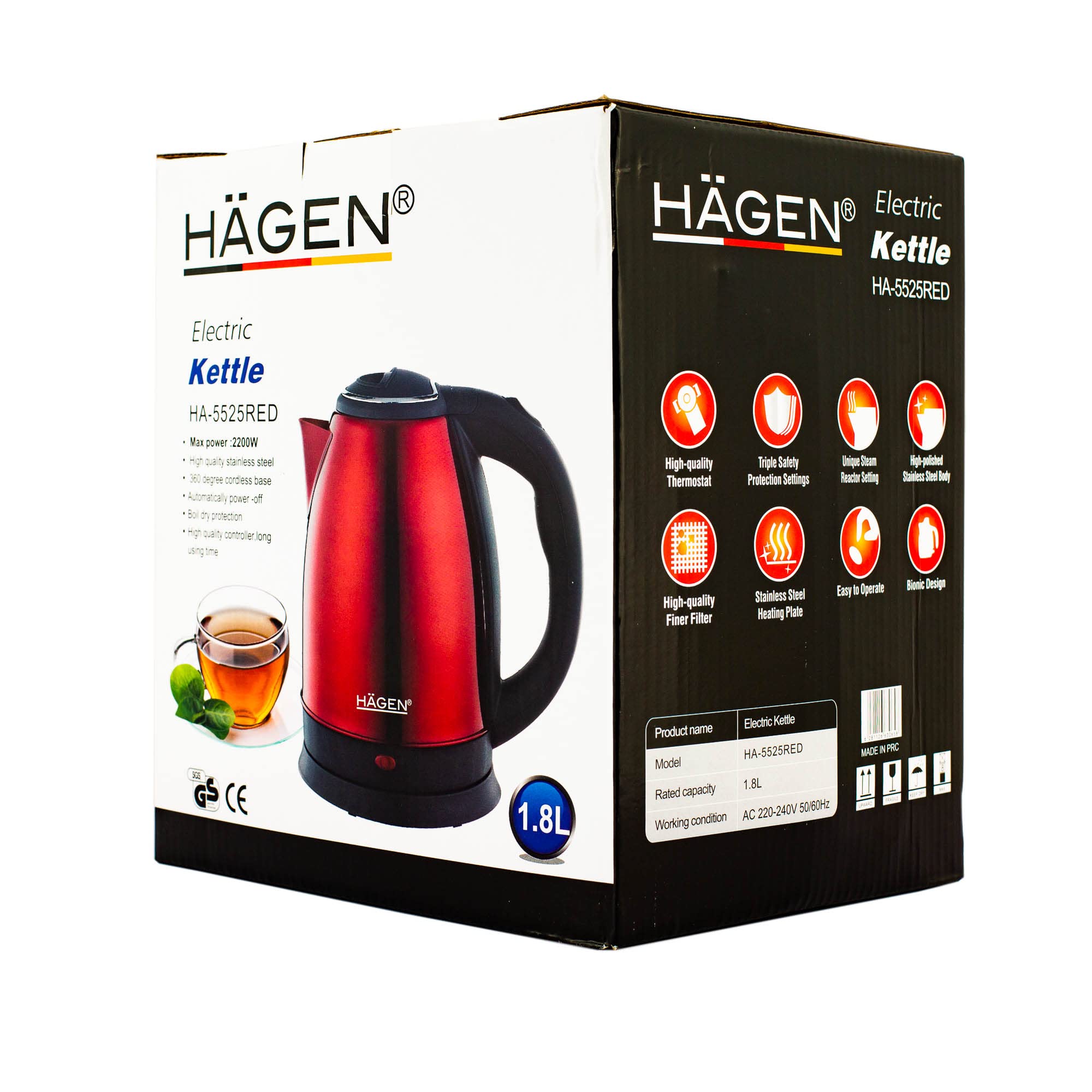 Hagen Bouilloire Electrique Inox 1,8L 1500W 360° Rouge
