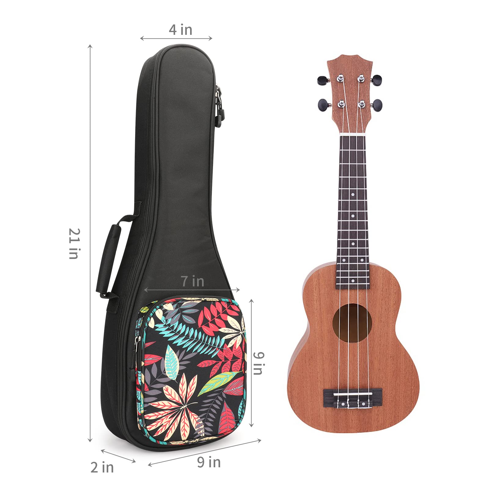 MUINS Bolsa para Ukelele de 21, 23, 26, 30, Almohadilla Duradera y Colorida más Gruesa con Correas Ajustables Dobles de Almacenamiento y asa, 21 Hojas Negras, 21 Inch, Clásico