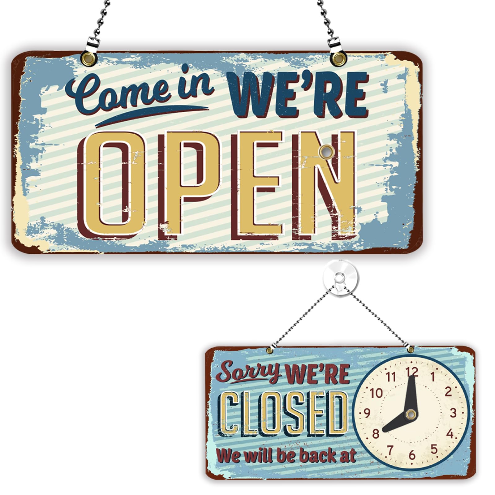 PLIGREAT Vintage Style Open Closed Sign with Clock Welcome Please Come In Sorry We Missed You Signs for Business Retail Store Window Wall Decor Hanging Door Signs Double Sided with Chain, Vintage Blue