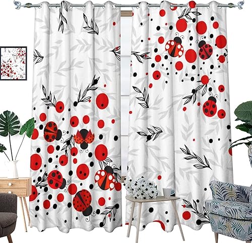 Vista 3 de Cortinas opacas de caricaturas de estilo japonés con ojales, diseño de mariquita roja y negra, tratamiento de ventana de eficiencia energética