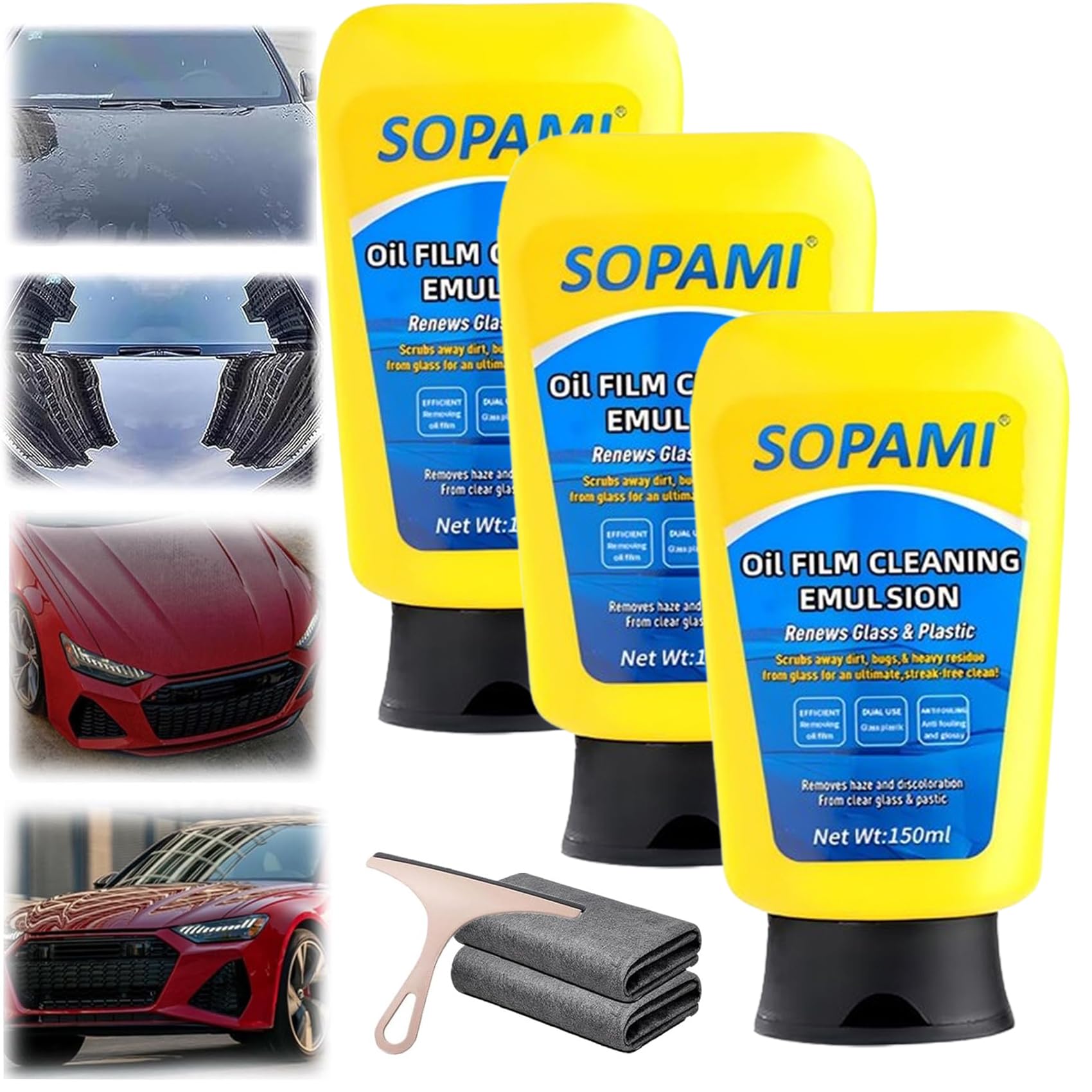 Emulsión de limpieza de película de aceite automático, limpiador de cristales Nano-Tech, limpiador de ventanas de coche para parabrisas, limpieza de ventanas, espejos y más (3 piezas)