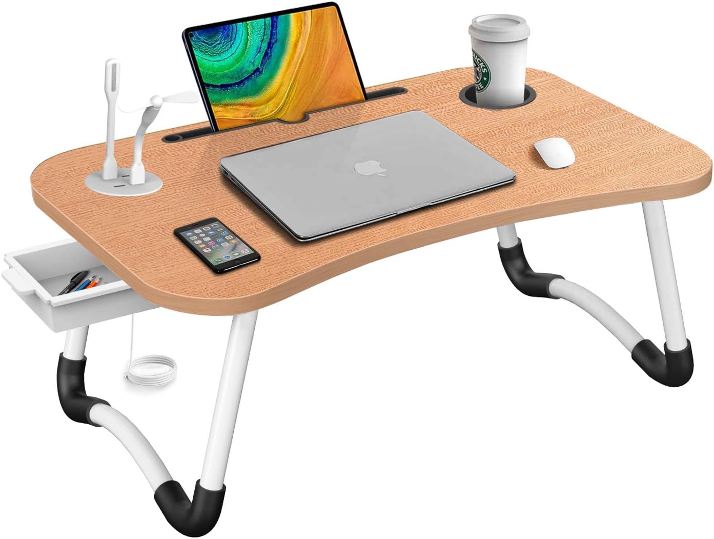 HLHome Laptop Bed Table ,Portable Foldable Lap Tray Desk with USB Charge Port/Cup Holder/Storage Drawer for Bed /Couch /Sofa Working, Reading with Little Gift (Small Lamp, Small Fan)