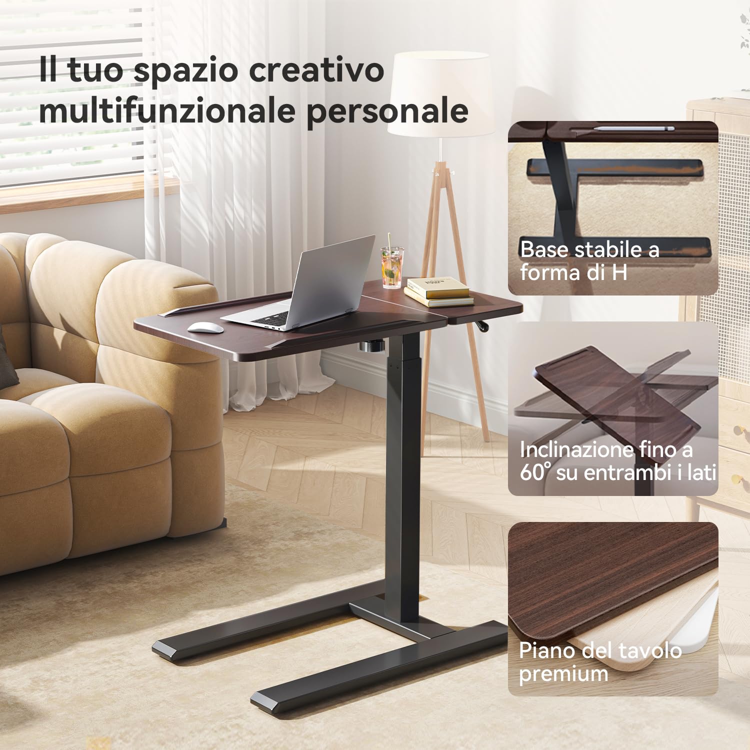 SIHOO D01 tavolino da letto-Scrivania Regolabile Altezza con Ruote,Comodini camera,Sistema Pneumatico, Montaggio Rapido e Qualità Eccellente per Casa/Ospedale (Legno di noce scuro)