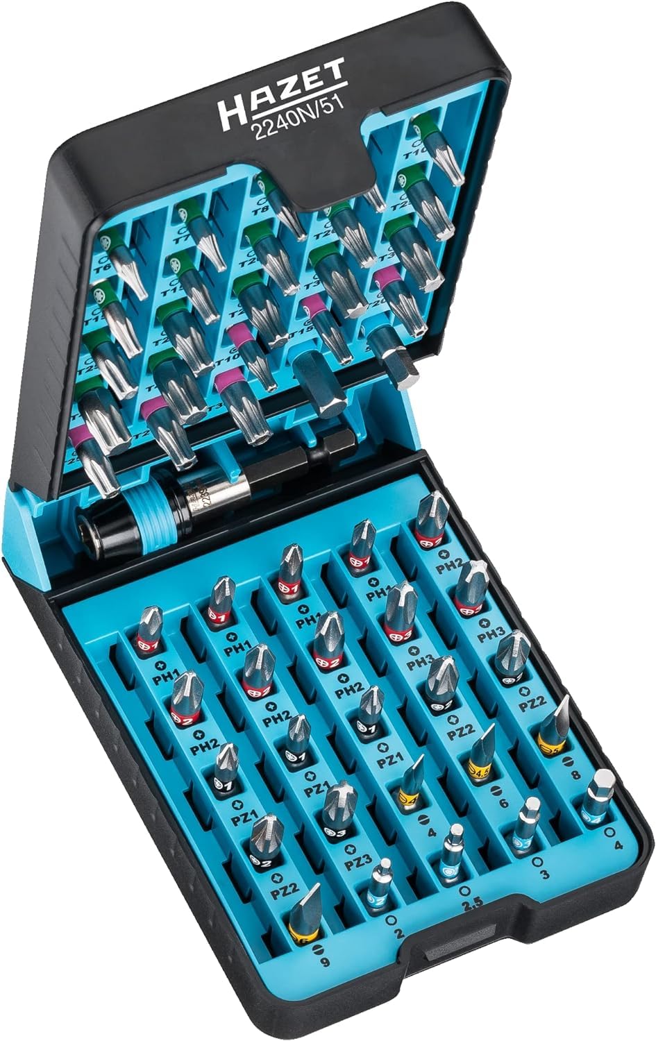 HAZET BitE-Box 2240N/51 I Juego de puntas de destornillador, Accionamiento: Pozidriv, hexagonal 6.3 (1/4 pulgada), Phillips, Tamper Resistant TORX, hexagonal interior, ranurado, TORX interior