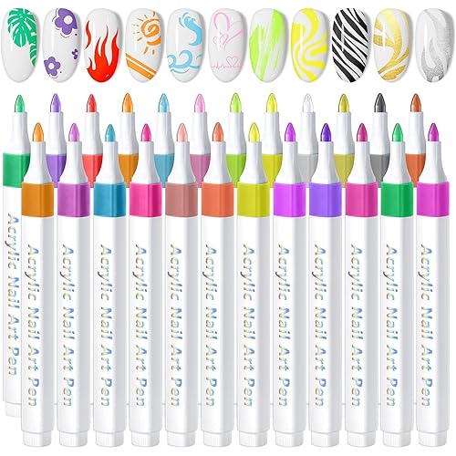 SAVILAND 24 Colors Nail Art Markers Set: 0.7MM Quick Dry 3D Nail Polish Pens for Nail Art Design, Acrylic Paint Markers Liner Brush Dotting Tool Nail Art Pens for Painting Nails DIY Manicure (Set 1)