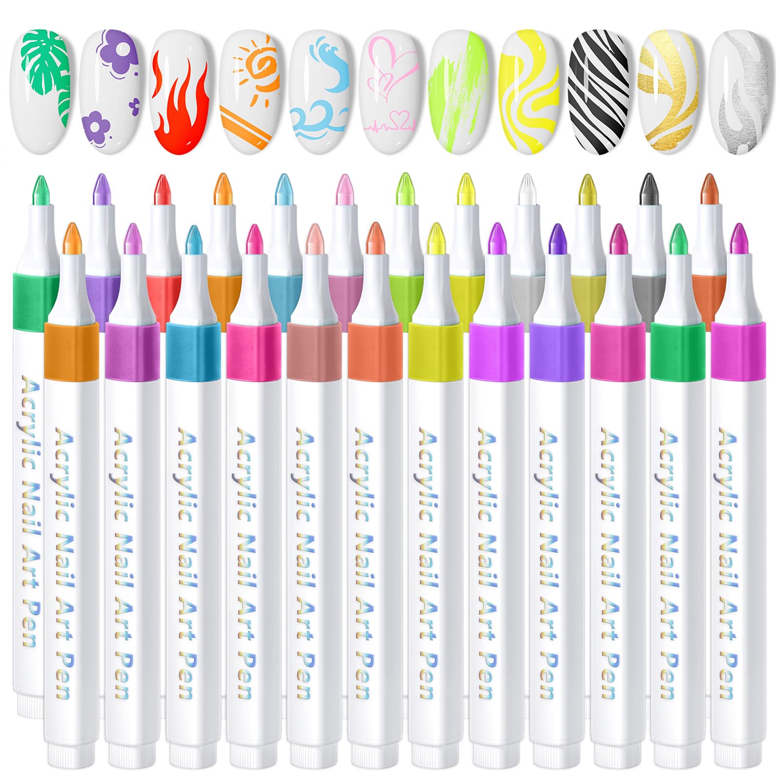 SAVILAND 24 Colors Nail Art Markers Set: 0.7MM Quick Dry 3D Nail Polish Pens for Nail Art Design, Acrylic Paint Markers Liner Brush Dotting Tool Nail Art Pens for Painting Nails DIY Manicure (Set 1)