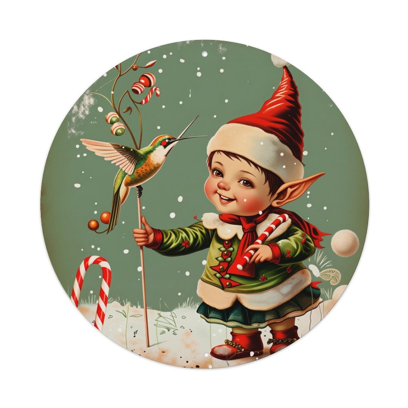 Christmas Elf Hummingbird Candy Cane Round Tin Sign Retro Metal Sign for Cafe Bar Pub Home Game Room Gym Club Wall Decoration Vintage Metal Poster 8x8 Inch