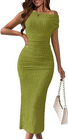 MITILLY Womens One Shoulder Bodycon Formal Wedding Guest Dress