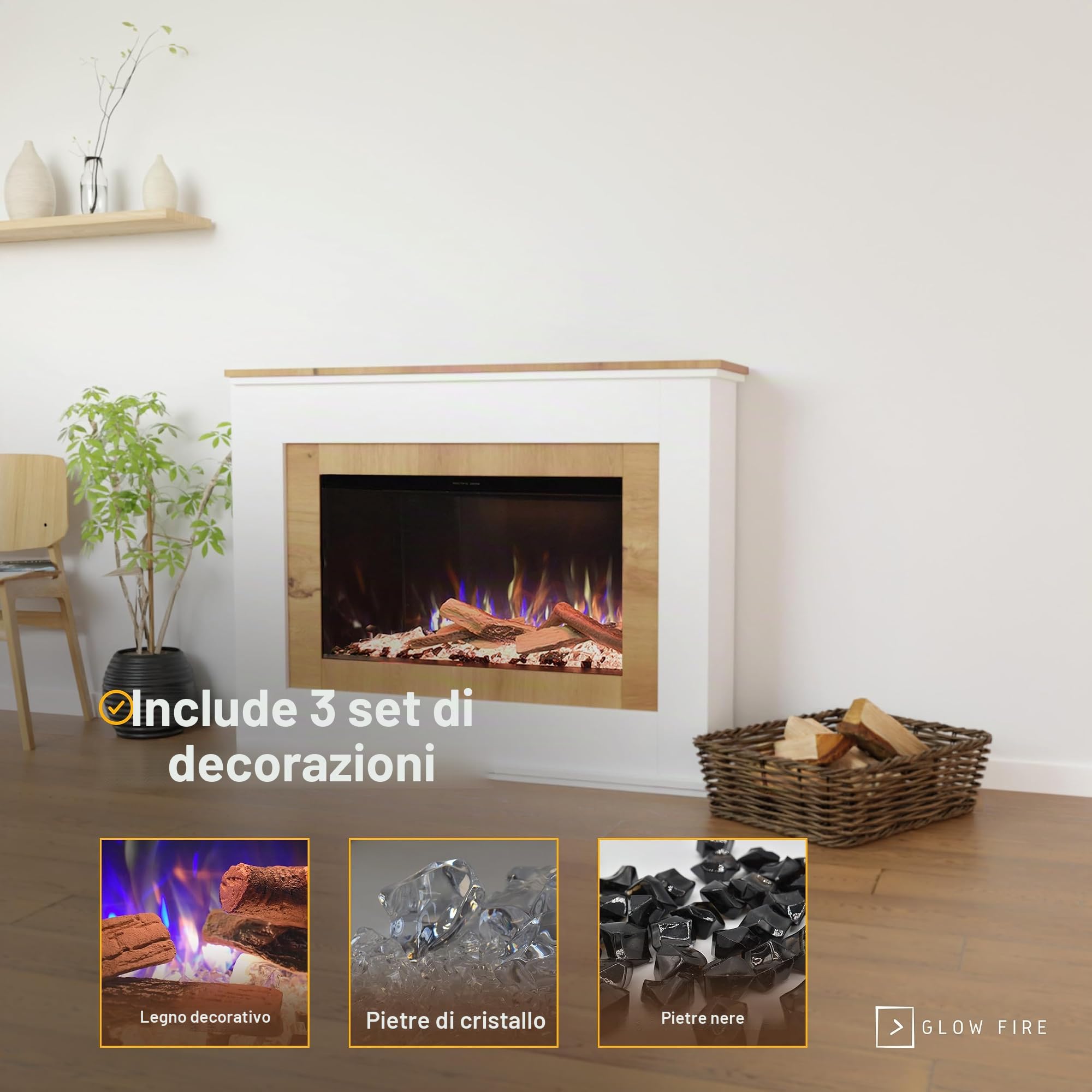 GLOW FIRE Caminetto PR6 con realistico fuoco LED E-Motion 3D - Caminetto elettrico da terra con riscaldamento, fuoco da camino, timer, max. 1500 W, 130x98,5x37,5 cm, Bianco (Quercia)