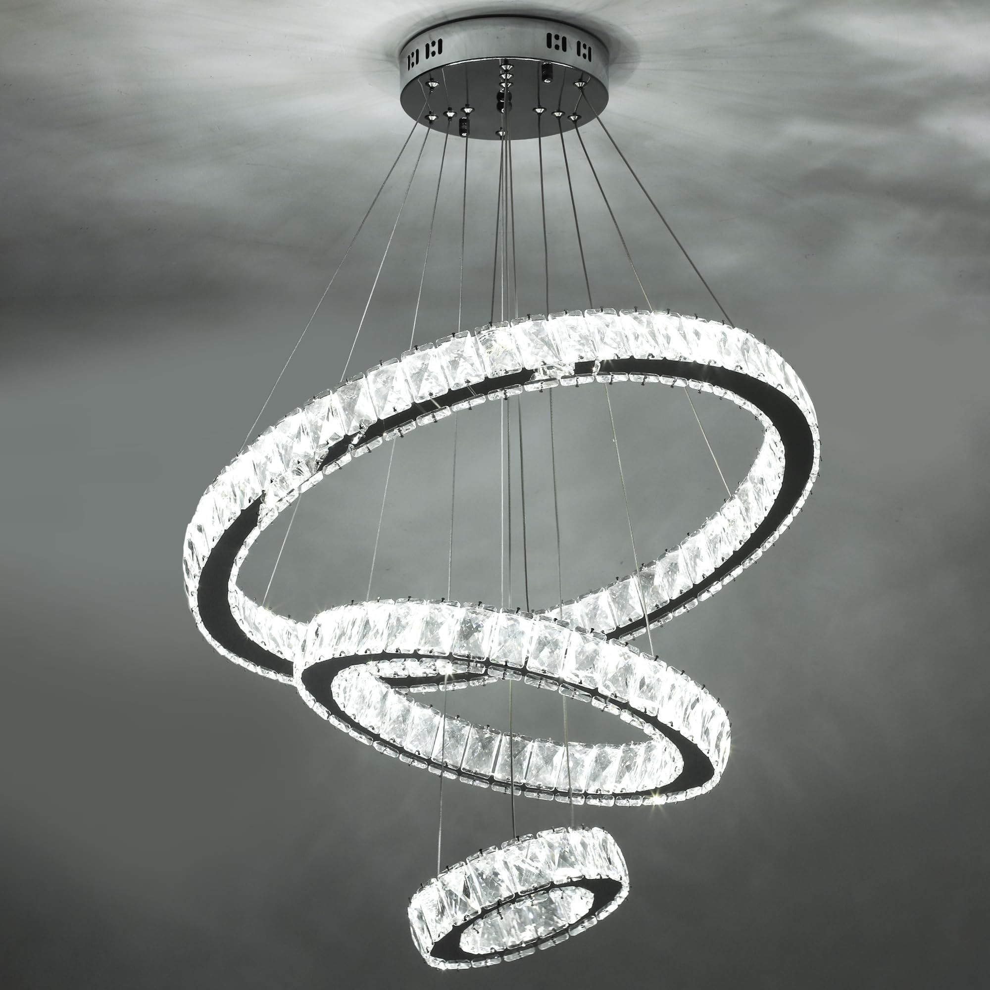 Sunny Hawaii Large Led Crystal Chandelier, 3 Color Modern Ceiling Lighting, 3 Rings Hanging Adjustable Pendant lamp, Ceiling Light Fixture for Living Dining Bedroom Ring: 23.6/15.7/7.9"