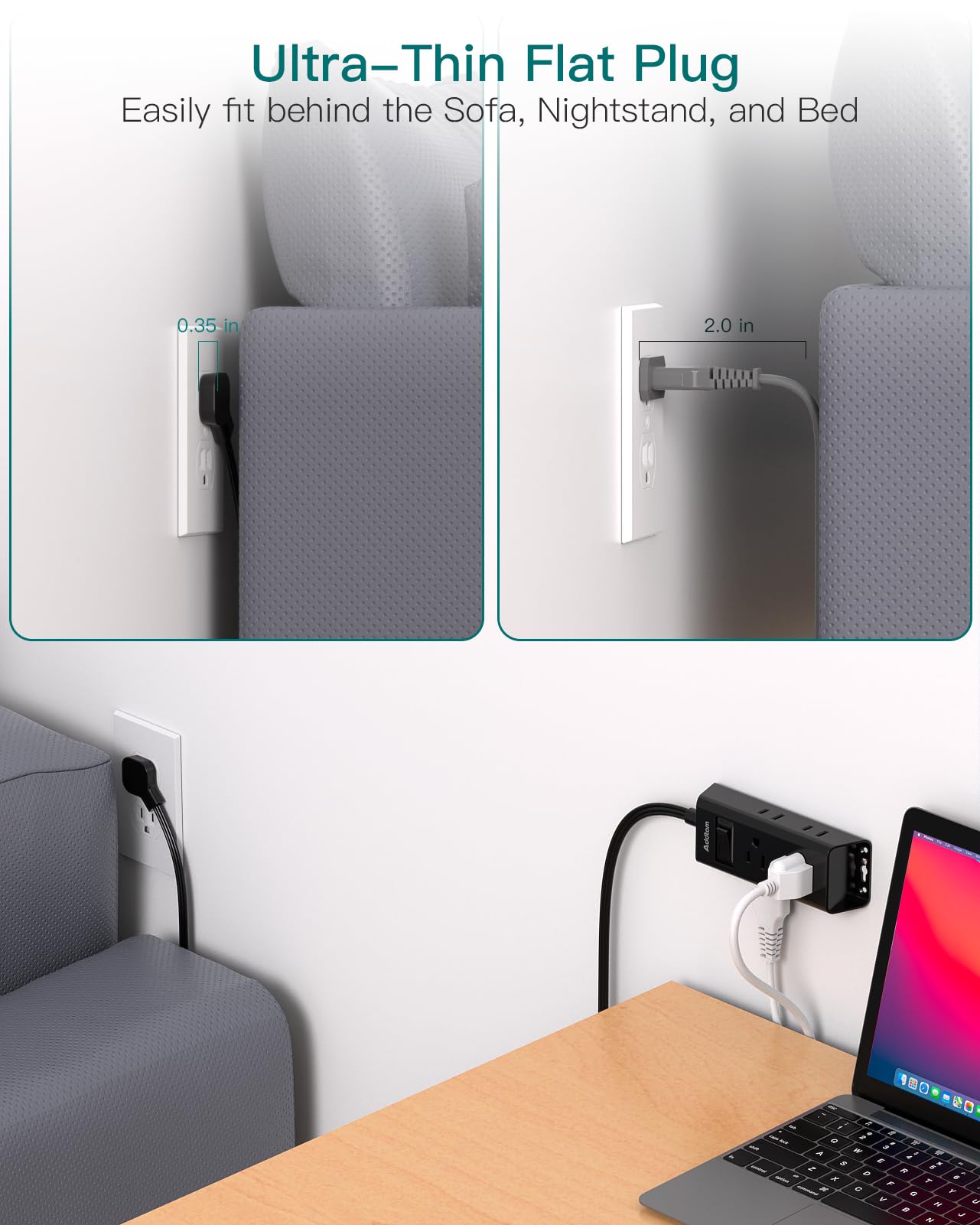 Cruise Essentials - Tira de alimentación de enchufe plano, Addtam ultra plana de 5 pies con extensor de 6 tomacorrientes, protector de sobretensiones para cruceros, viajes, recámara, oficina en casa,