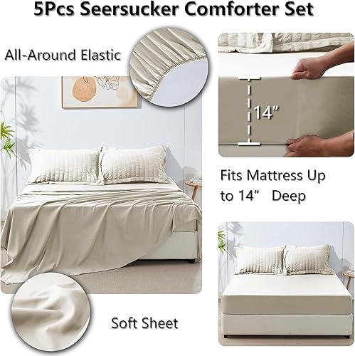 Miniatura 6 de CozyLux Juego de Edredón Individual con Sábanas Seersucker de 5 Piezas, Cama Beige en una Bolsa para Dormitorio, Juego de Ropa de Cama Suave de Lujo