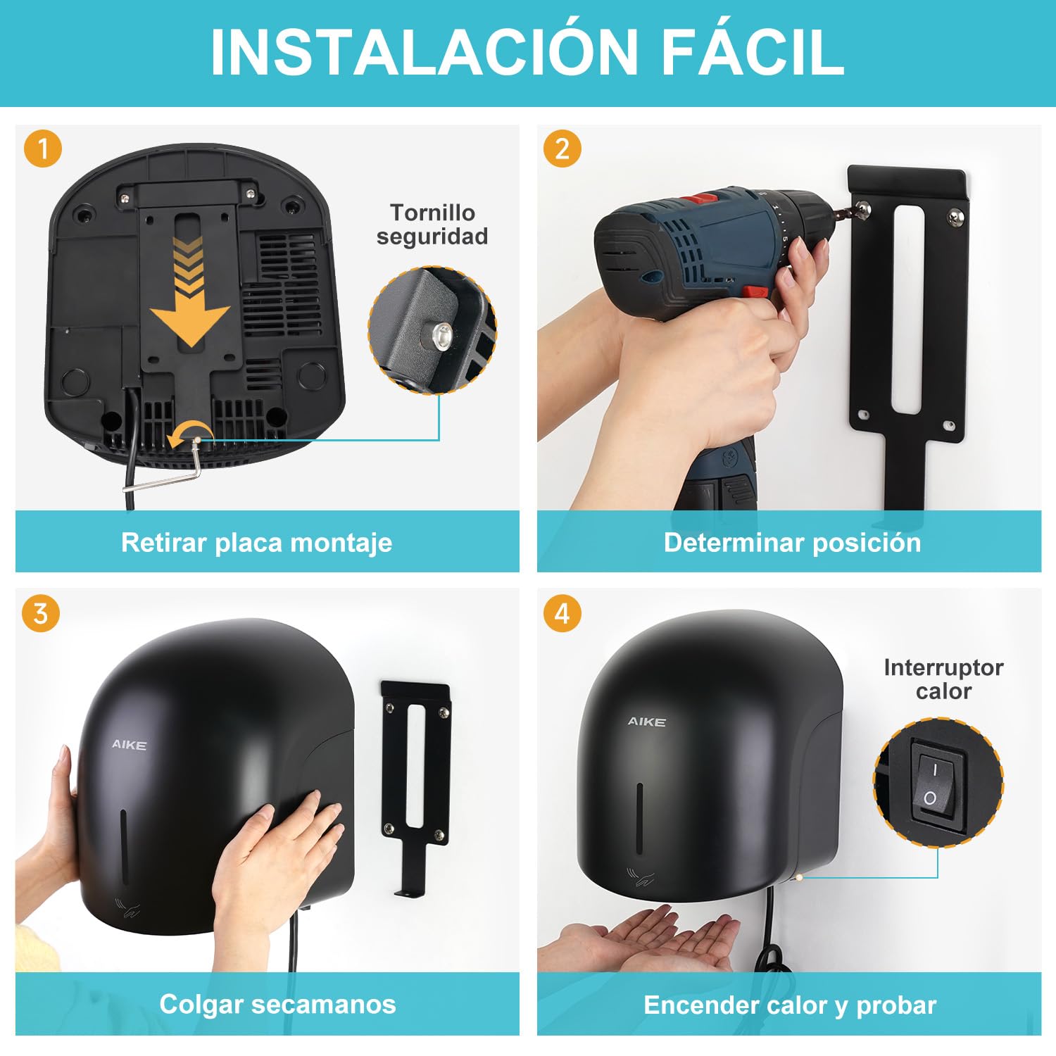 AIKE GentleAir Secamanos Secador de Manos Silencioso, para Hogar & Baños, AC220V-240V, Negro Medianoche