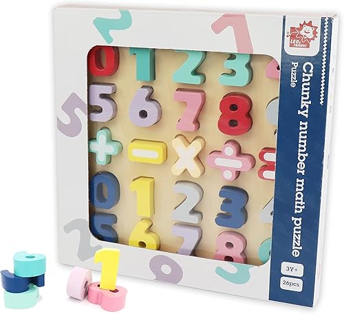 Miniatura 4 de LEO & FRIENDS Rompecabezas de matemáticas de números gruesos de madera, 26 piezas, juguete colorido para jugar y aprender, 0-9, suma, resta,