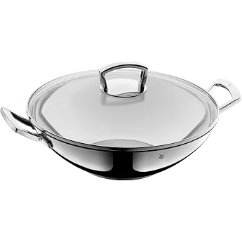 WMF Induction wok pan with lid 36 cm suitable for all types of cookers ideal for searing at high temperatures dishwasher safe Cromargan stainless steel