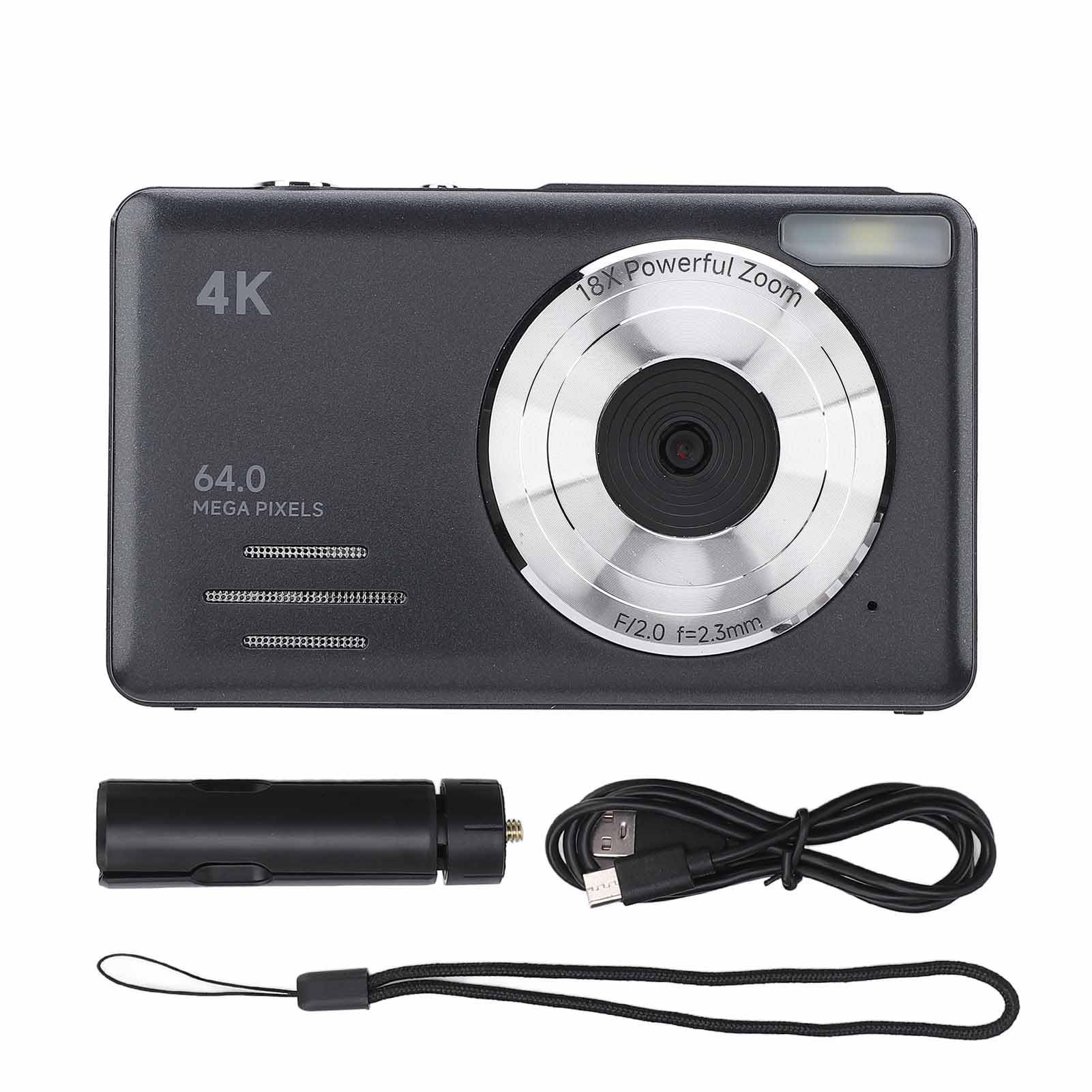 Aparat Cyfrowy 4K, Aparat Cyfrowy z 18-krotnym Zoomem Cyfrowym, Przenośny Aparat Dziecięcy z Ekranem o Przekątnej 2,88 Cala i światłem Wypełniającym LED dla Początkujących (BLACK)