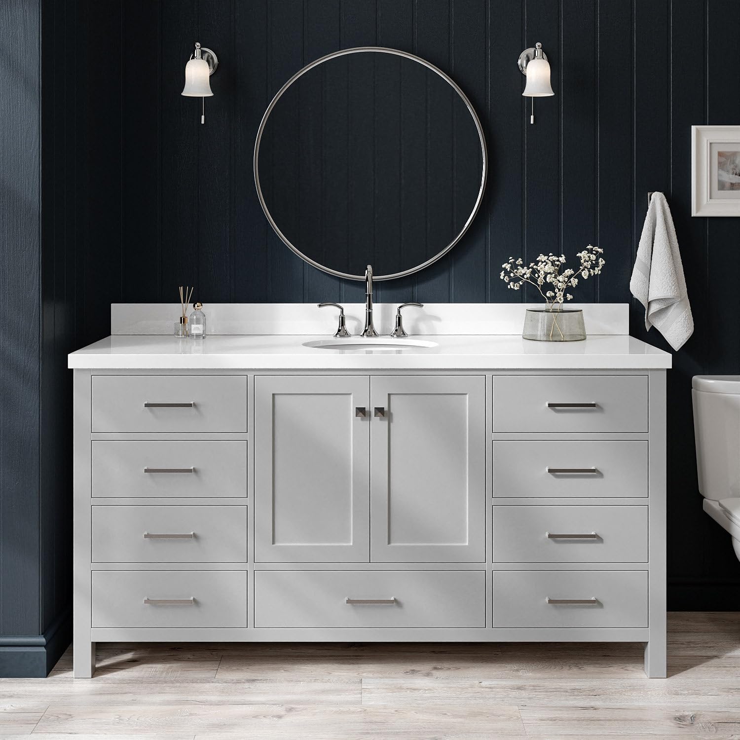 ARIEL Cambridge 66-inch Bathroom Vanity with Sink,Solid Wood, 1.5-inch Pure White Quartz Countertop & Backsplash, Single Oval Porcelain Sink, 2 Soft