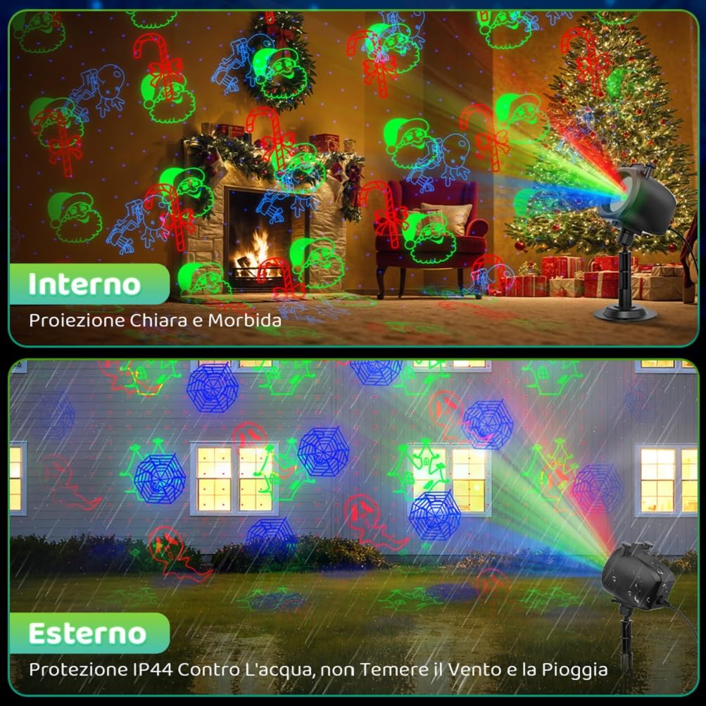 OUSFOT Proiettore di Natale esterno, 3 colori rosso, verde, blu, proiettore laser con telecomando e tempistica, 5 carte con Natale, Halloween, festa, festa, punto laser, regalo per festival