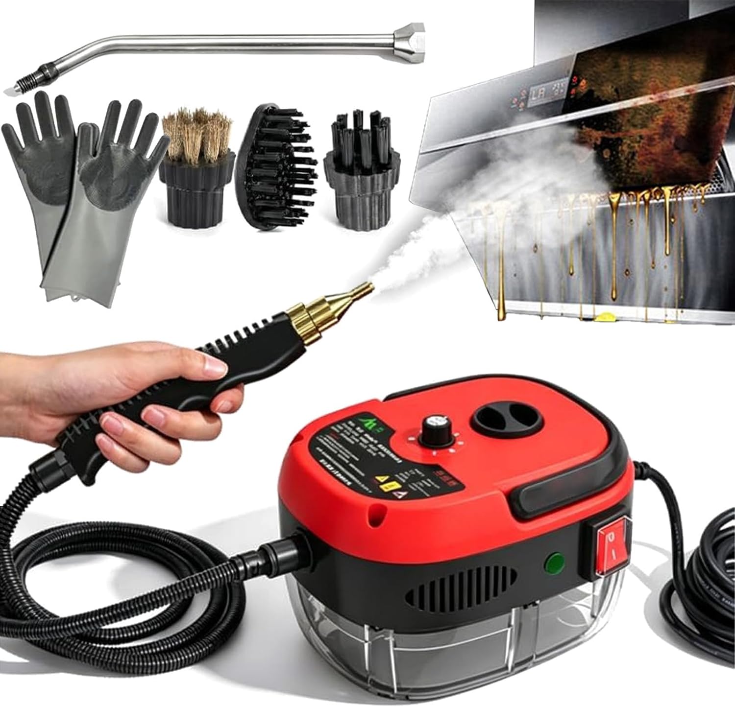 2500W Handheld High-Temperature Pressurized Steam Cleaner, 2500 watt steam cleaner machine with attachments - 6 Adjustable Steam Levels, 105°C High-Temperature for Kitchen, Car, Bathroom (Red)