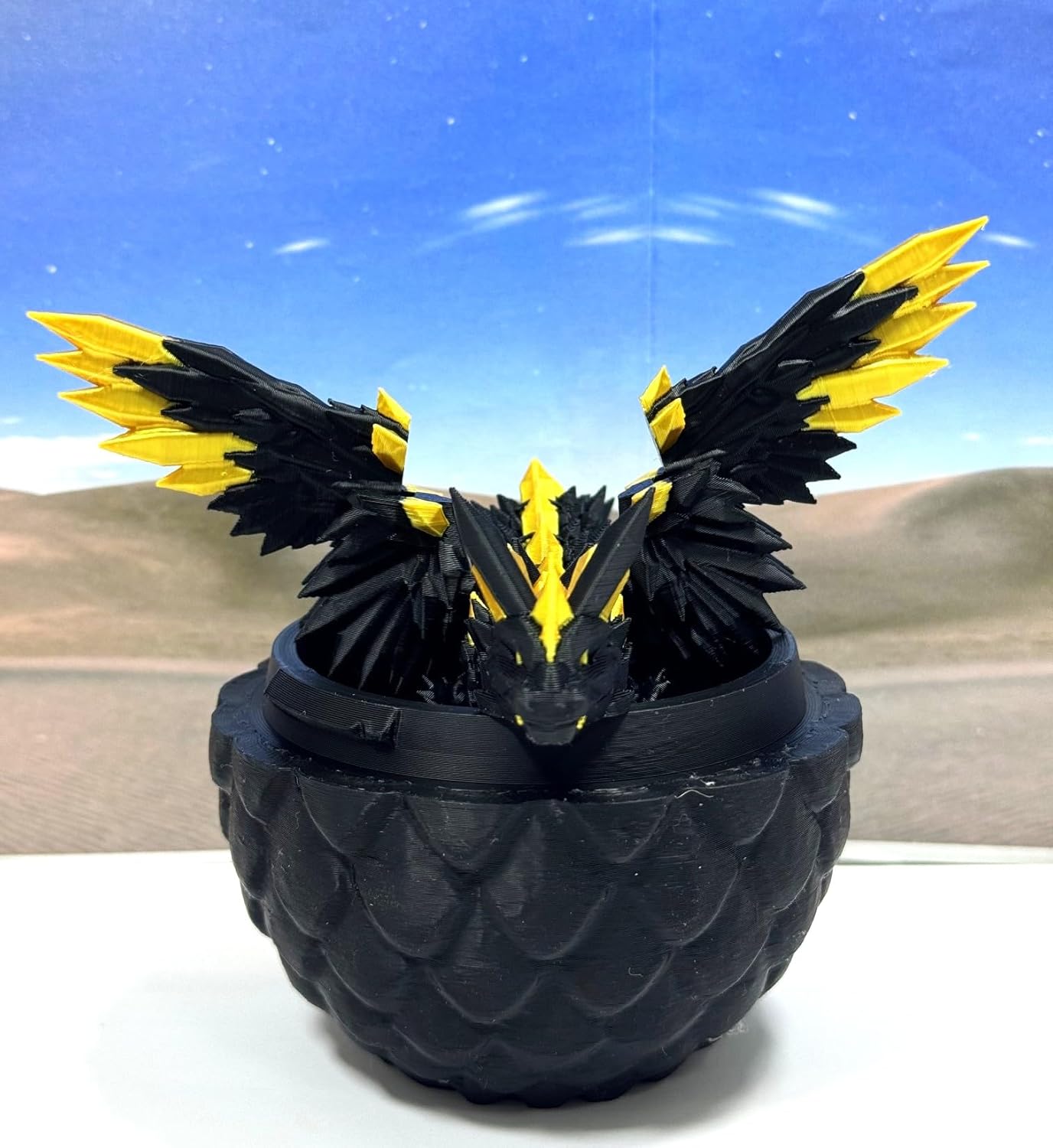 Crystal Winged Dragon with Egg, Articulated Dragon with Wings, 3D Printed Black and Gold Crystal Fidget Stress Relief Toy Fidget ADHD Autism Toy CW004-BE