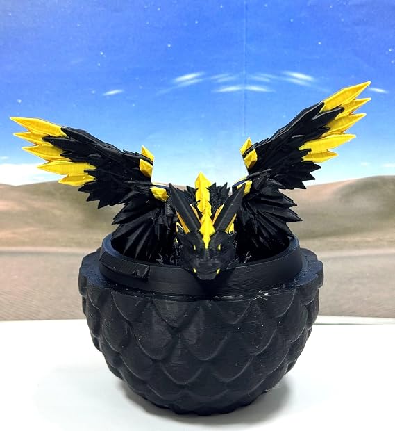 Crystal Winged Dragon with Egg, Articulated Dragon with Wings, 3D Printed Black and Gold Crystal Fidget Stress Relief Toy Fidget ADHD Autism Toy CW004-BE
