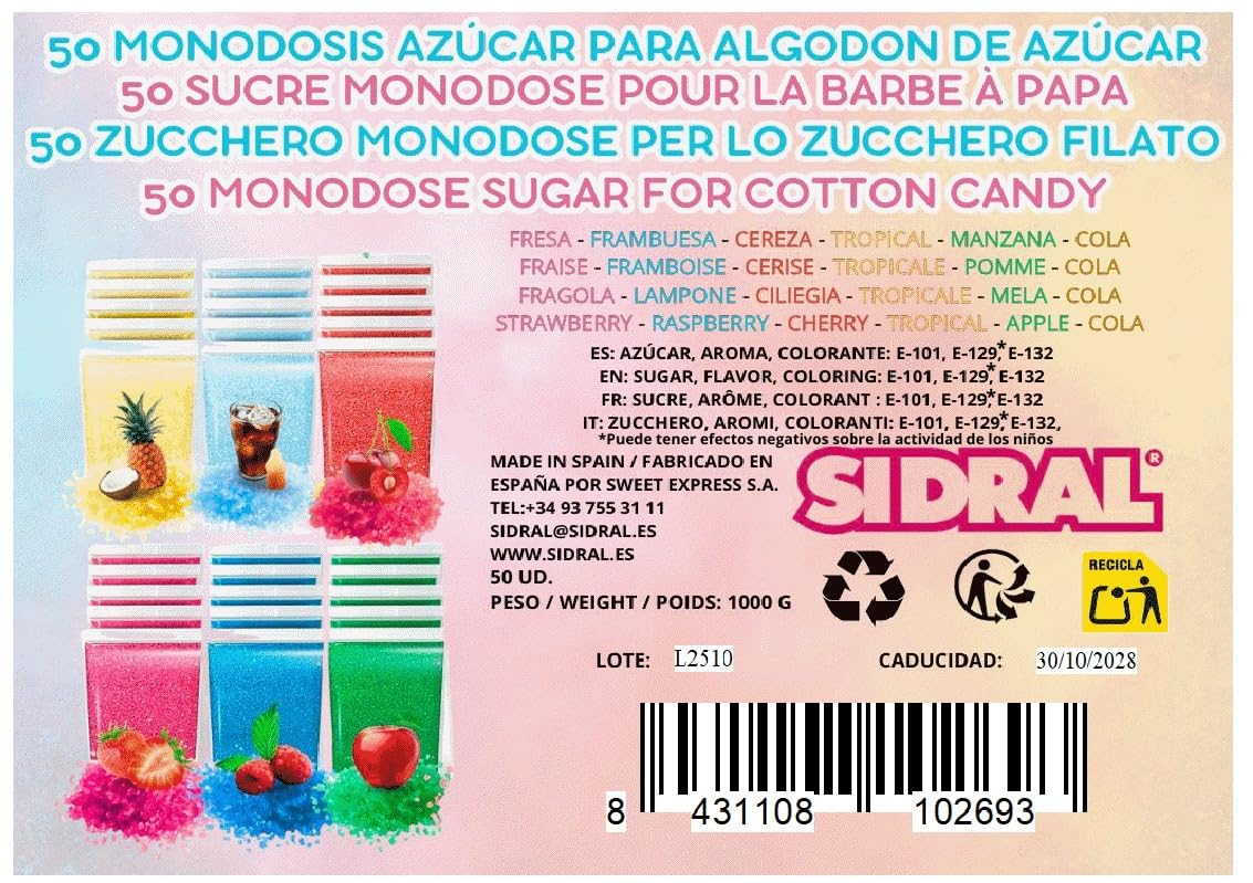 SIDRAL - 1000 grs. / 50 monodosis Degustación - Azúcar para Maquina de Algodón, Azucar de Sabores - 6 Sabores: Fresa, Manzana, Cereza, Cola, Tropical y Frambuesa (sabores)