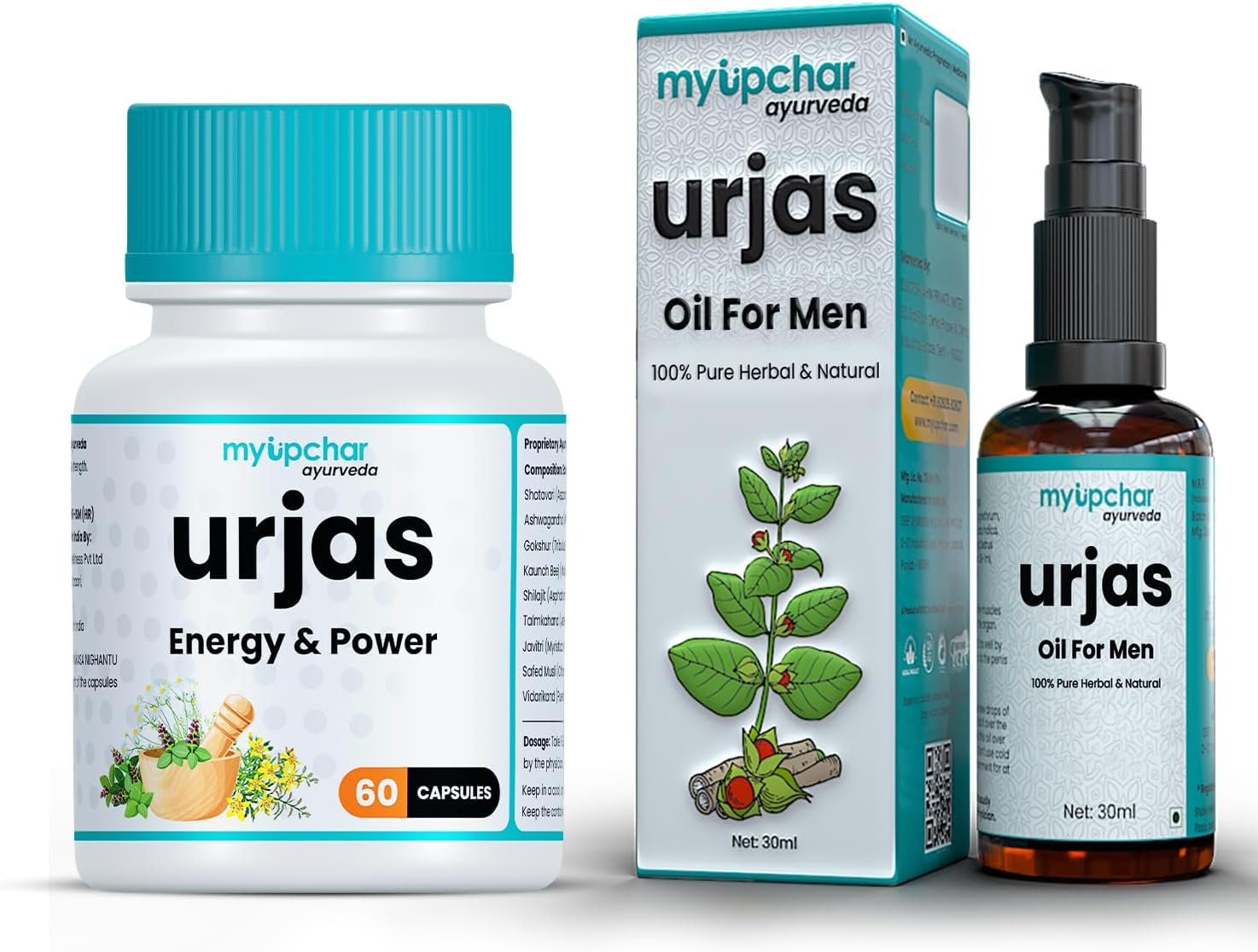 myUpchar Ayurveda Urjas Energy & Power and Sensual Massage Oil for Muscle Growth and Relaxation - 60 Veg Capsules + 30ml Oil (Pack of 2)