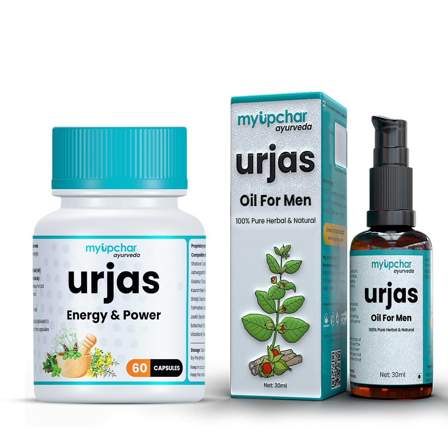 myUpchar Ayurveda Urjas Energy & Power and Sensual Massage Oil for Muscle Growth and Relaxation - 60 Veg Capsules + 30ml Oil (Pack of 2)