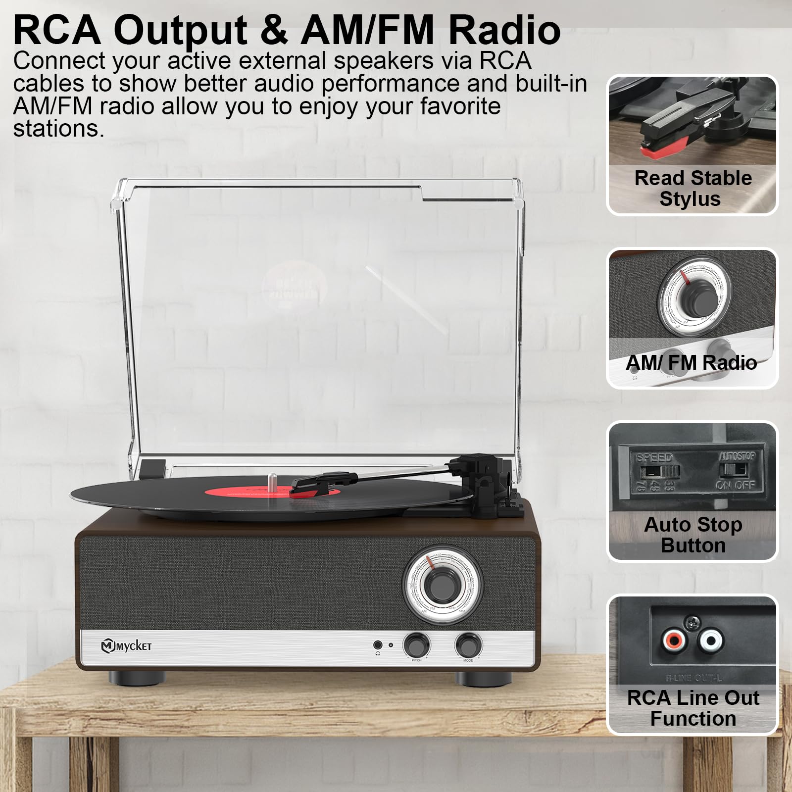 Mycket Giradischi in vinile Bluetooth 5.3 con altoparlanti integrati, vintage, giradischi con 3 marce, 33/45/78 U,AM/FM, trasmettitore Bluetooth, RCA Out, Auto-Stop