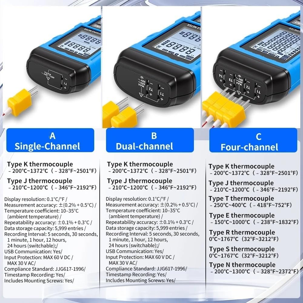 Medidor de temperatura de termopar de 4 canales, registrador de datos digital de alta precisión, comunicación USB for HVAC y uso industrial(A)