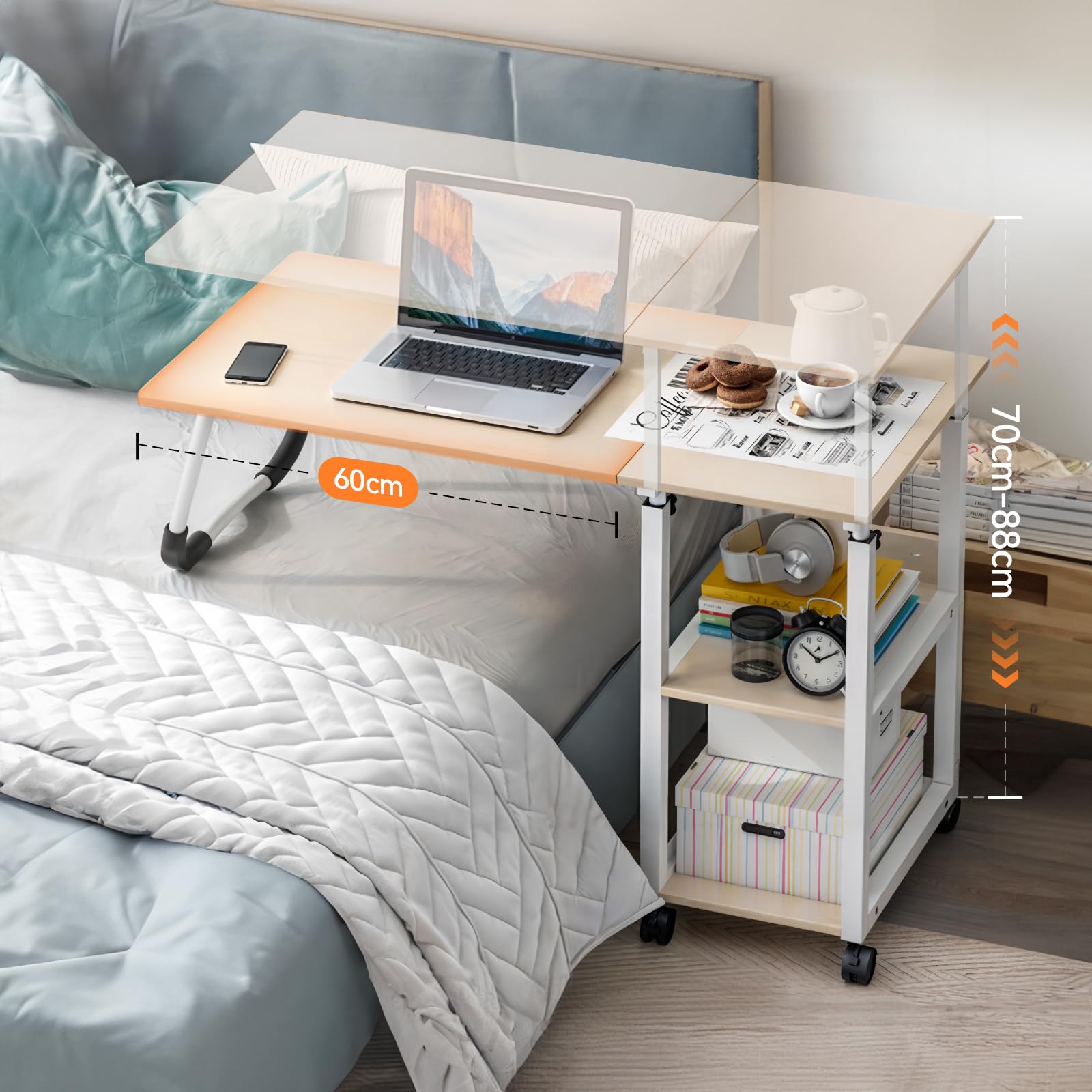 Warmiehomy Mesa de Cama con Ruedas bloqueables y Tapa elevable, Mesa de Cama Plegable móvil Altura Ajustable 70~88cm, Escritorio de cabecera para Trabajar Leer Comer Dormitorio sofá (Beige)