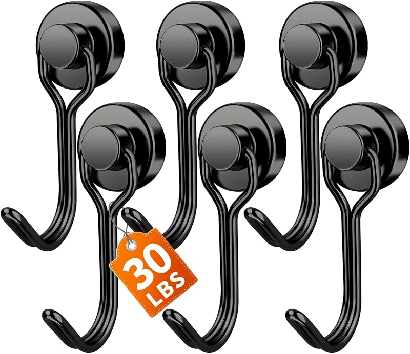 FINDMAG Ganchos magnéticos para cabinas de crucero, paquete de 6, 30 LB+, negro | Ganchos magnéticos resistentes para colgar en casilleros, viajes, heladera, cocina, barco y hogar, organizadores de cabina de crucero