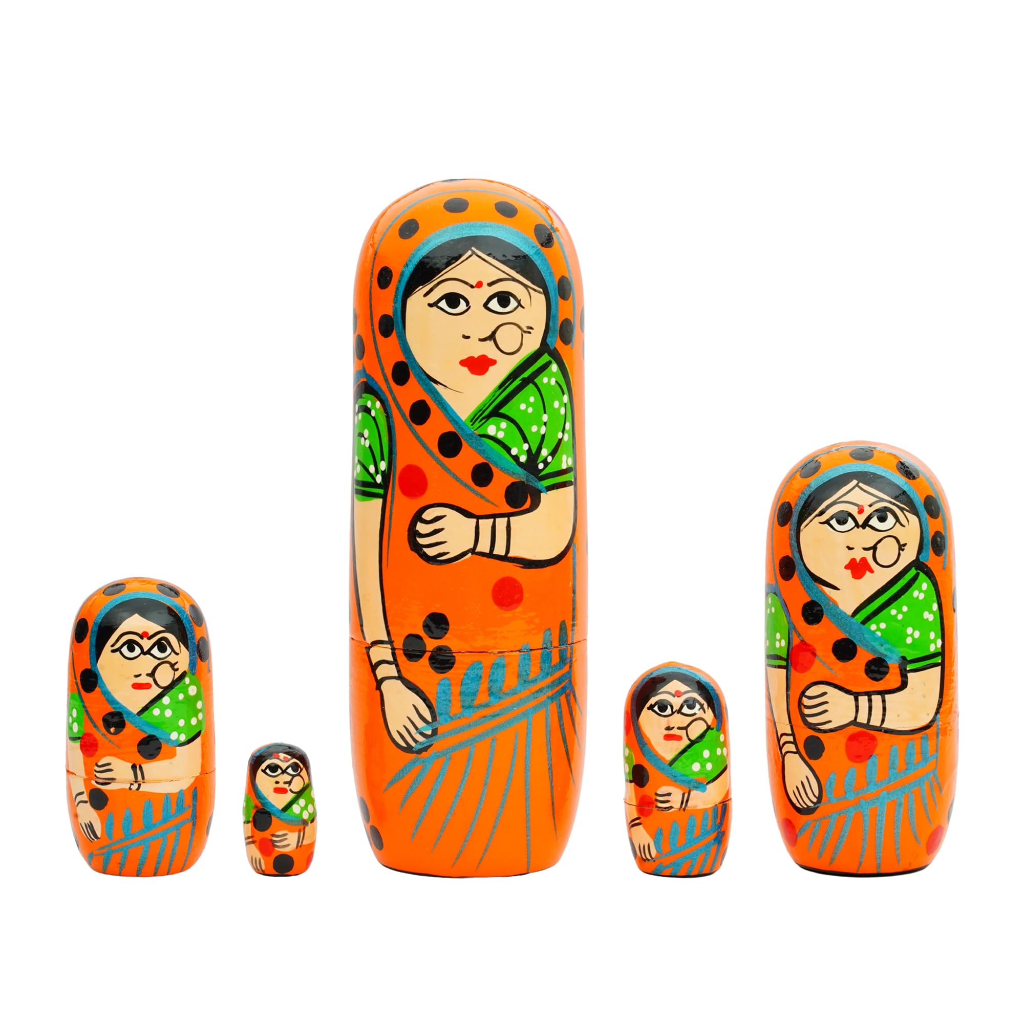 Fine Craft India Set of 5 Piece Orange Hand Paint Cute Wooden Russian Matryoshka Stacking Nested Wood Dolls 4
