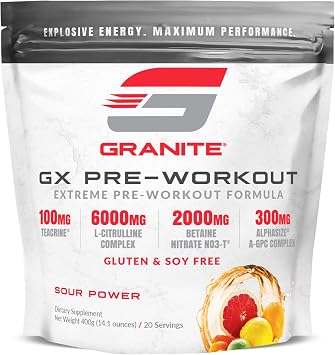 Granite GX Pre Workout Supplement, Sour Power Flavor, Supports Focus, Energy, Performance with Teacrine, L-Citrulline, Betaine, A-GPC 20 Servings