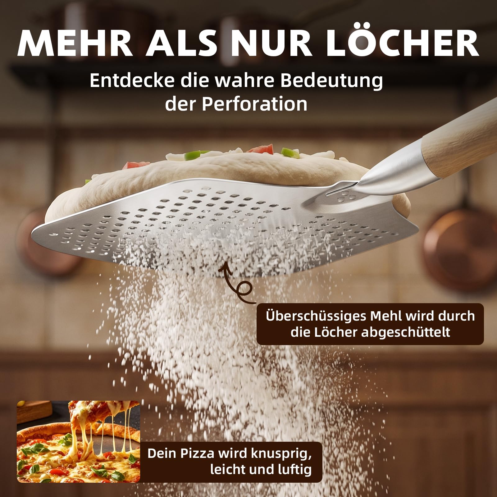 Funtery Pelle à pizza perforée avec manche en bois en 2 parties, 30,5 × 30,5 cm