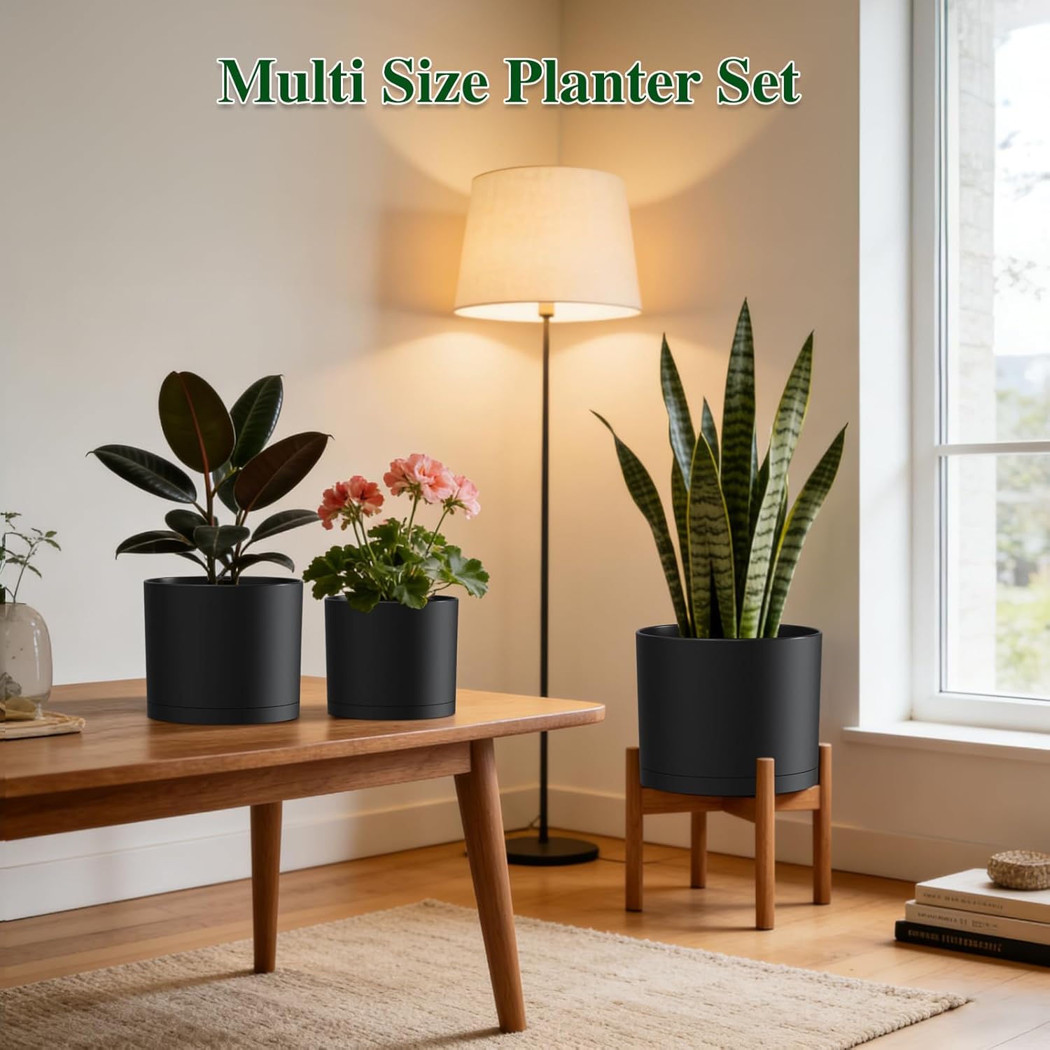 Plant Pots, 10/9/8 Inch 3 Pack Cylindrical Flower Pots with Drainage Holes and Saucers, Plastic Planters for Outdoor Indoor Plants,Black