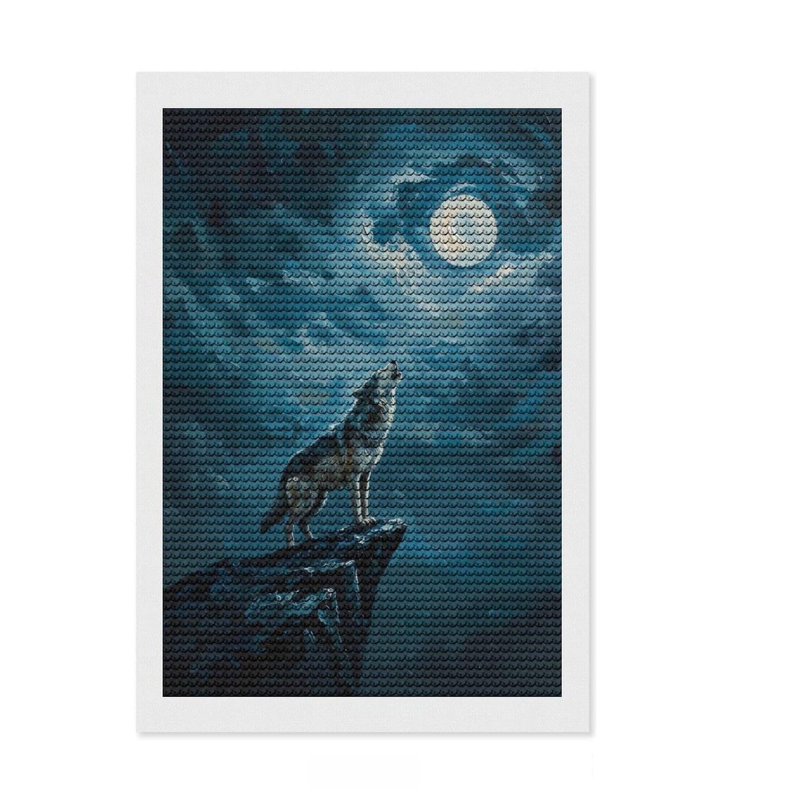 Junmoney Wolf Howling at The Moon Round Drill Diamond Painting 8"x12", for Adults, Calming Craft to Unwind, Vintage Style Decor, Christmas Gift