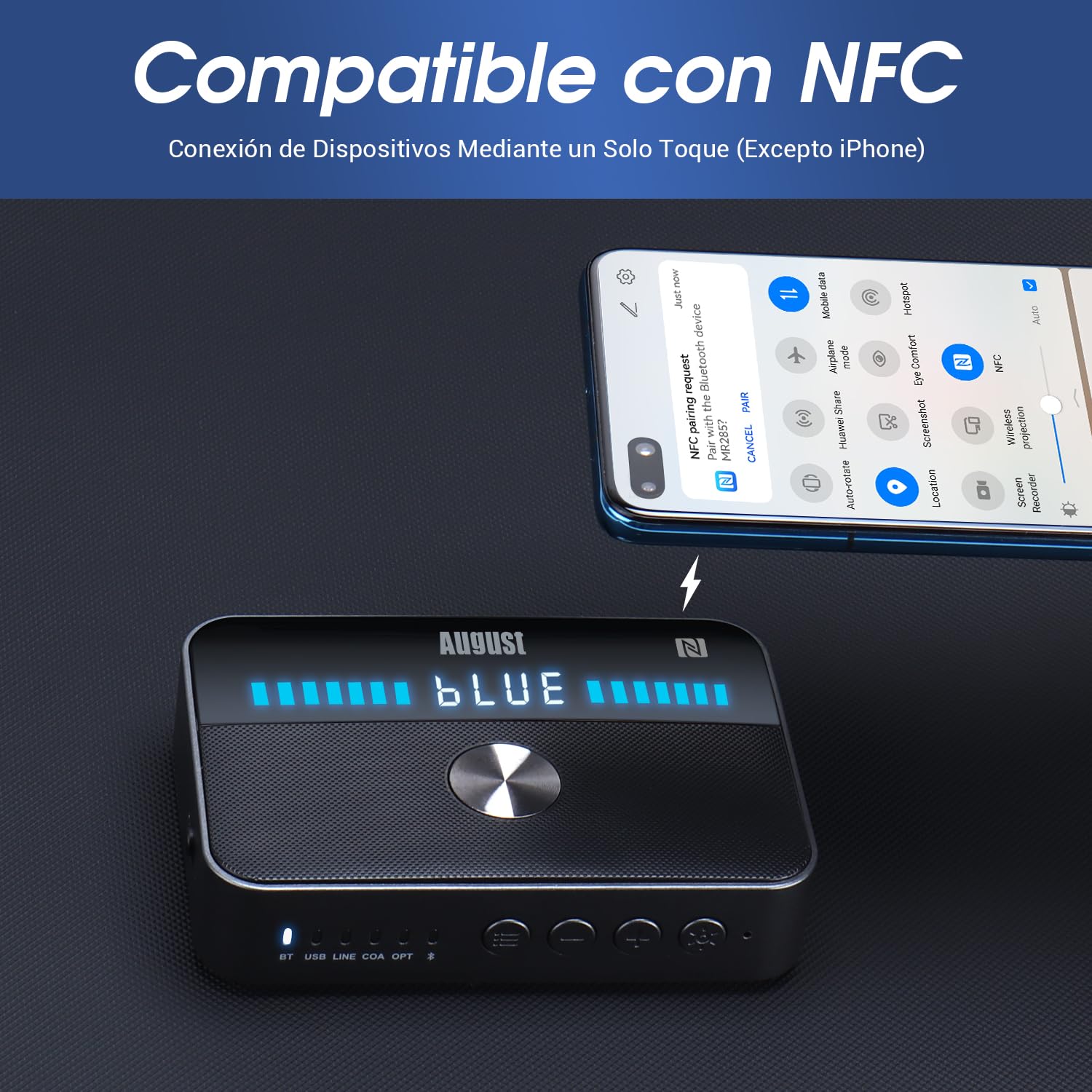 August MR285 Receptor Bluetooth, Transmisor Adaptador Bluetooth para PC TV, Soporte AUX, Jack 3.5, RCA, Óptico, Coaxial, USB y NFC - Modo Bypass, HiFi Audio Dual y Multipunto, 12 Horas