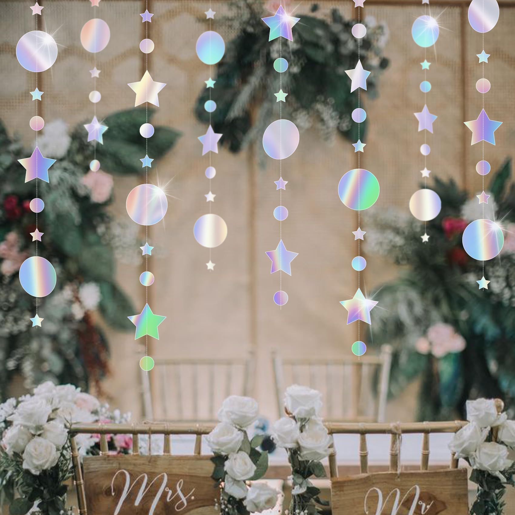 Star Circle Dot Hanging Garlands, Holographic Twinkle Stars Garlands,Star Streamer Bunting Banner Party Decoration Glitter Paper Hanging Bunting Banner Background for Birthday Wedding(Silver)
