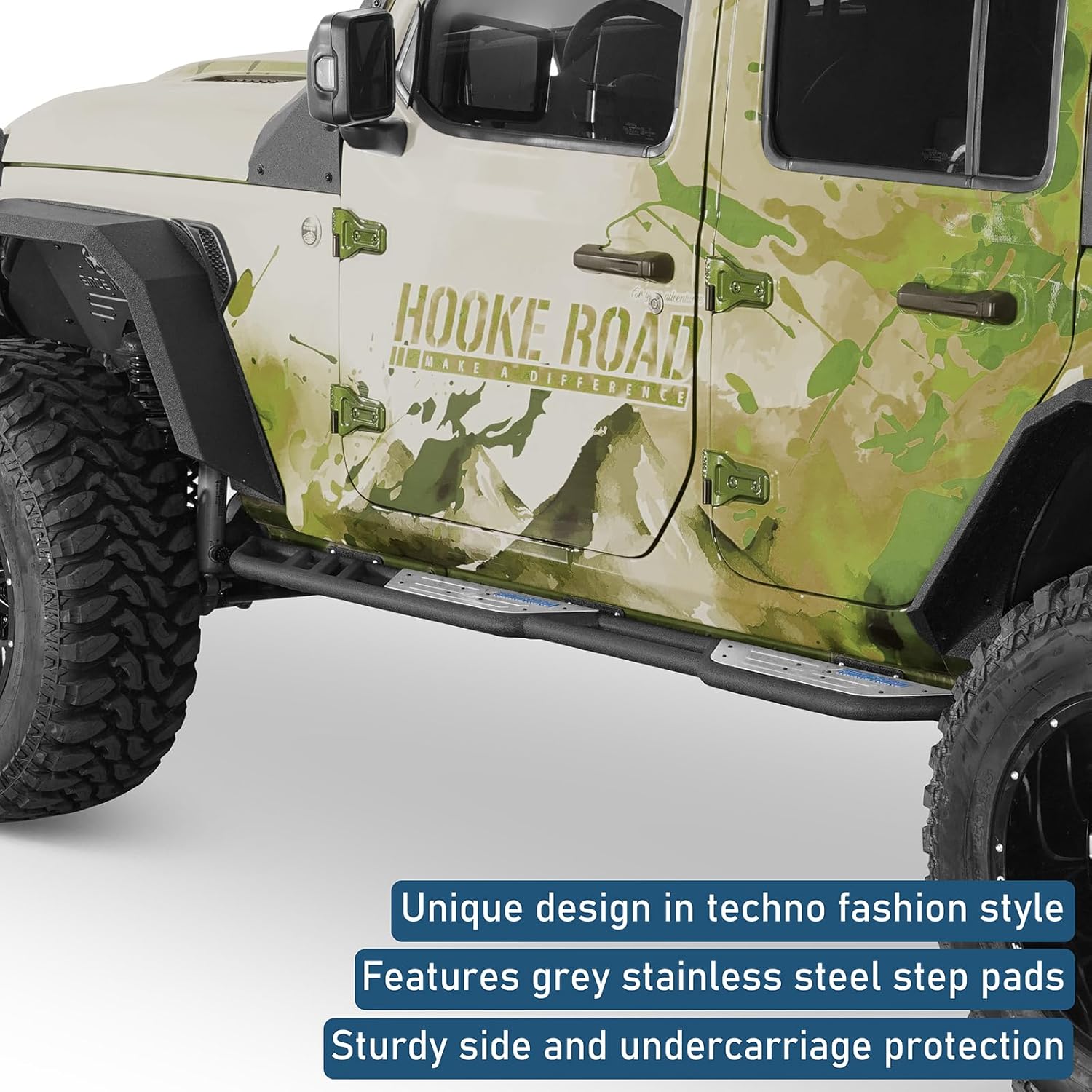 Hooke Road JL Running Board 4 Doors, Side Step Nerf Bars for 2018-2026 Jeep Wrangler JL 4-Door, Tubular Rock Sliders with 6.2" Wide Non-Slip Foot Pedal