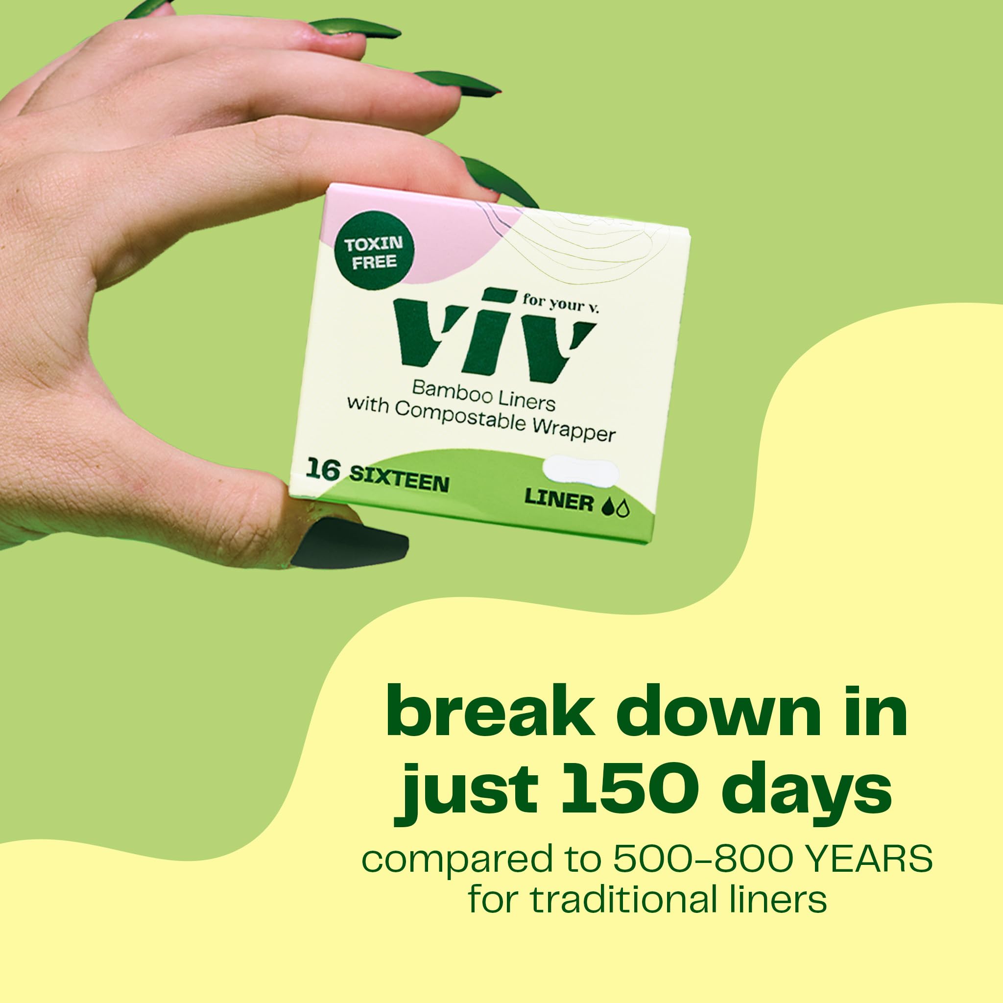 Viv for Your V Bamboo Organic Panty Liners for Women | Soft, Thin, Absorbent Sanitary | Incontinence Pads for Women No Wings | Unscented, Earth-Friendly (16 Pack)