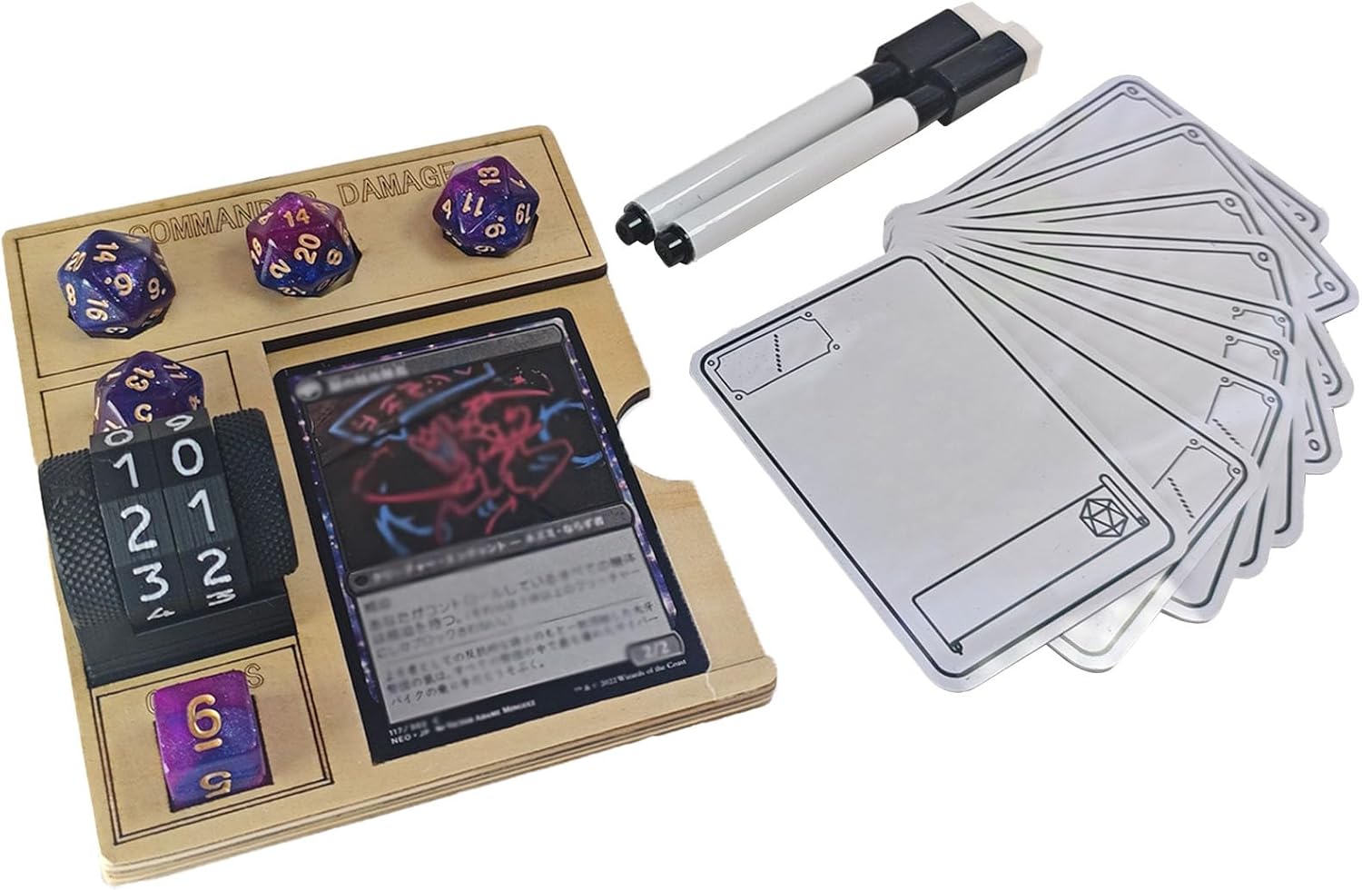 MTG Commander Damage Tracker Board, Card Display with Life Counter Wheel 0-99, Dice Storage Compartments, Gaming Accessory (Brown Suit)