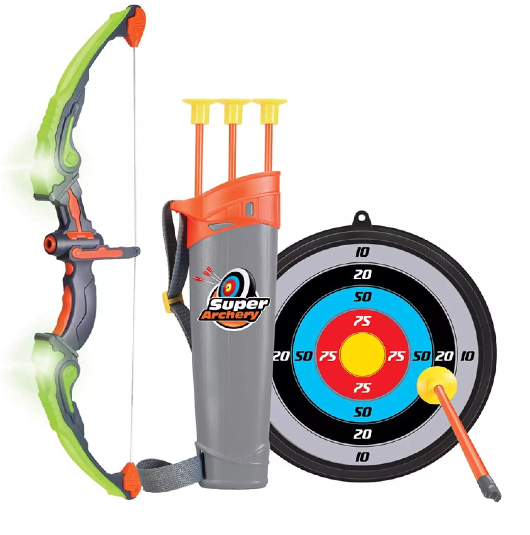FunBlastPlastic Sports Archery Bow and Arrow Toy Set with Light-Up Feature and Dart Target Board (Multicolor)