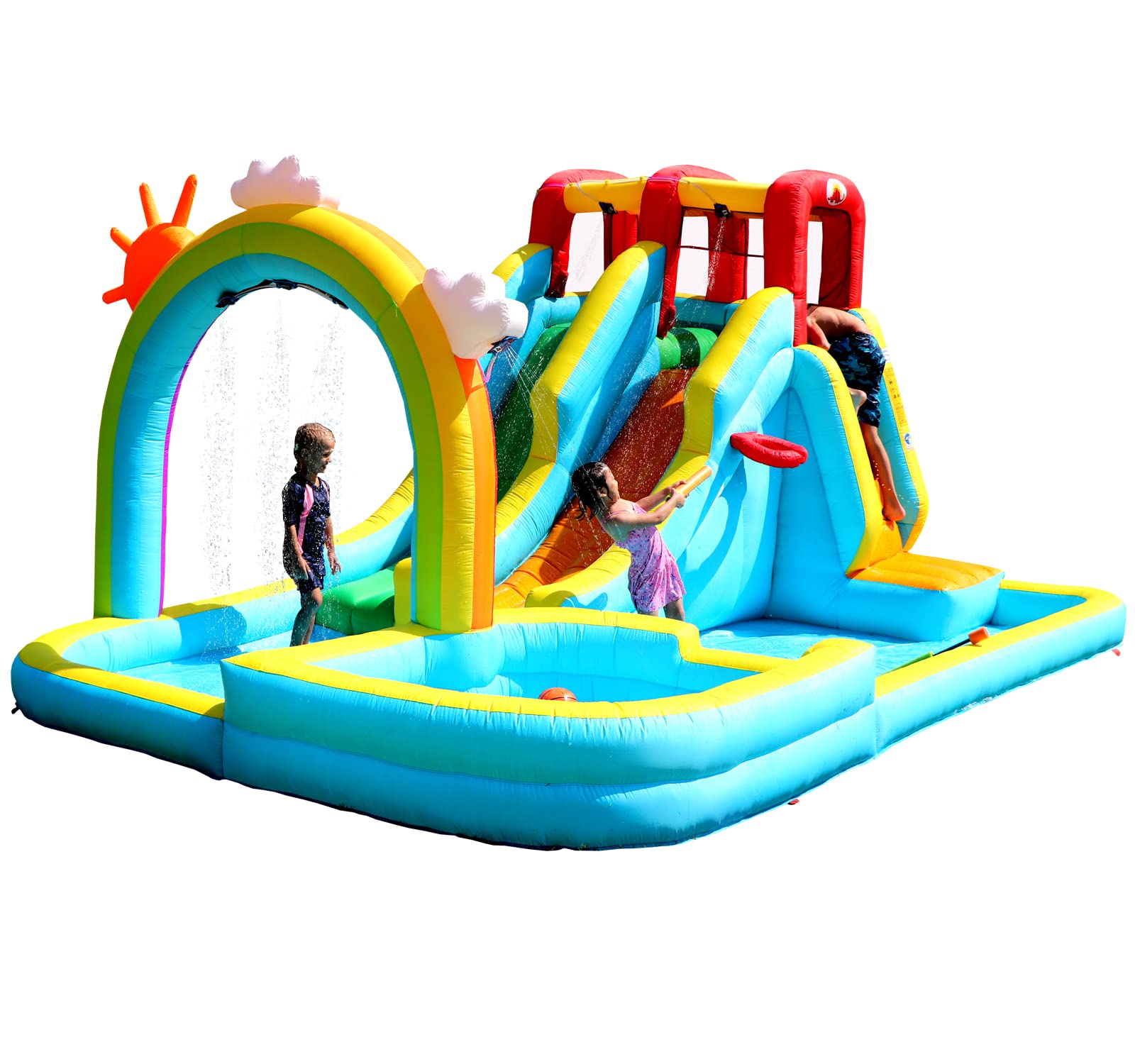 WELLFUNTIME Inflatable Water Double Slides Park with Blower, Bouncy Castle with Rainbow Water Curtain, with Shooting and Rock Climbing