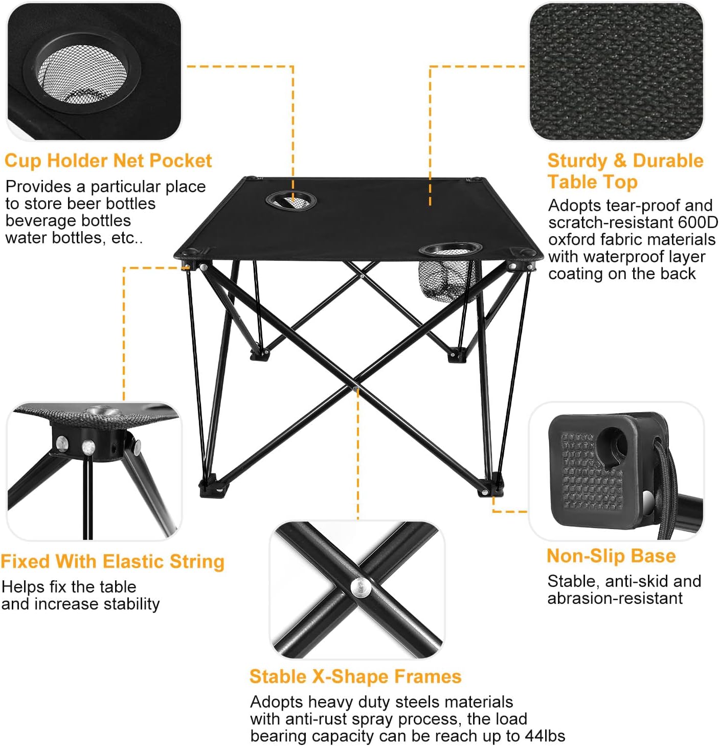 Foldable Camping Table Portable Beach Table Lightweight Picnic Table with Carry Bag Cup Holder Outdoor Travel Desk for Camping Hiking Picnics BBQs Beach Trips (Black)