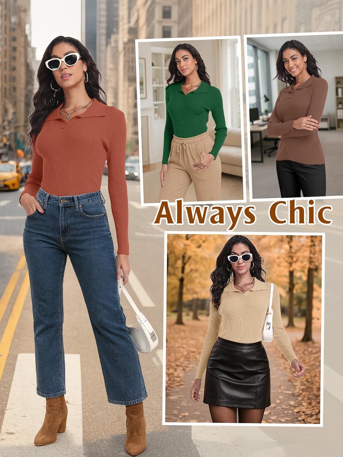 Feiersi Sweaters for Women Casual Trendy Lapel V Neck Long Sleeve Sweater Ribbed Knit Stretch Soft Pullover Shirt - Image 4