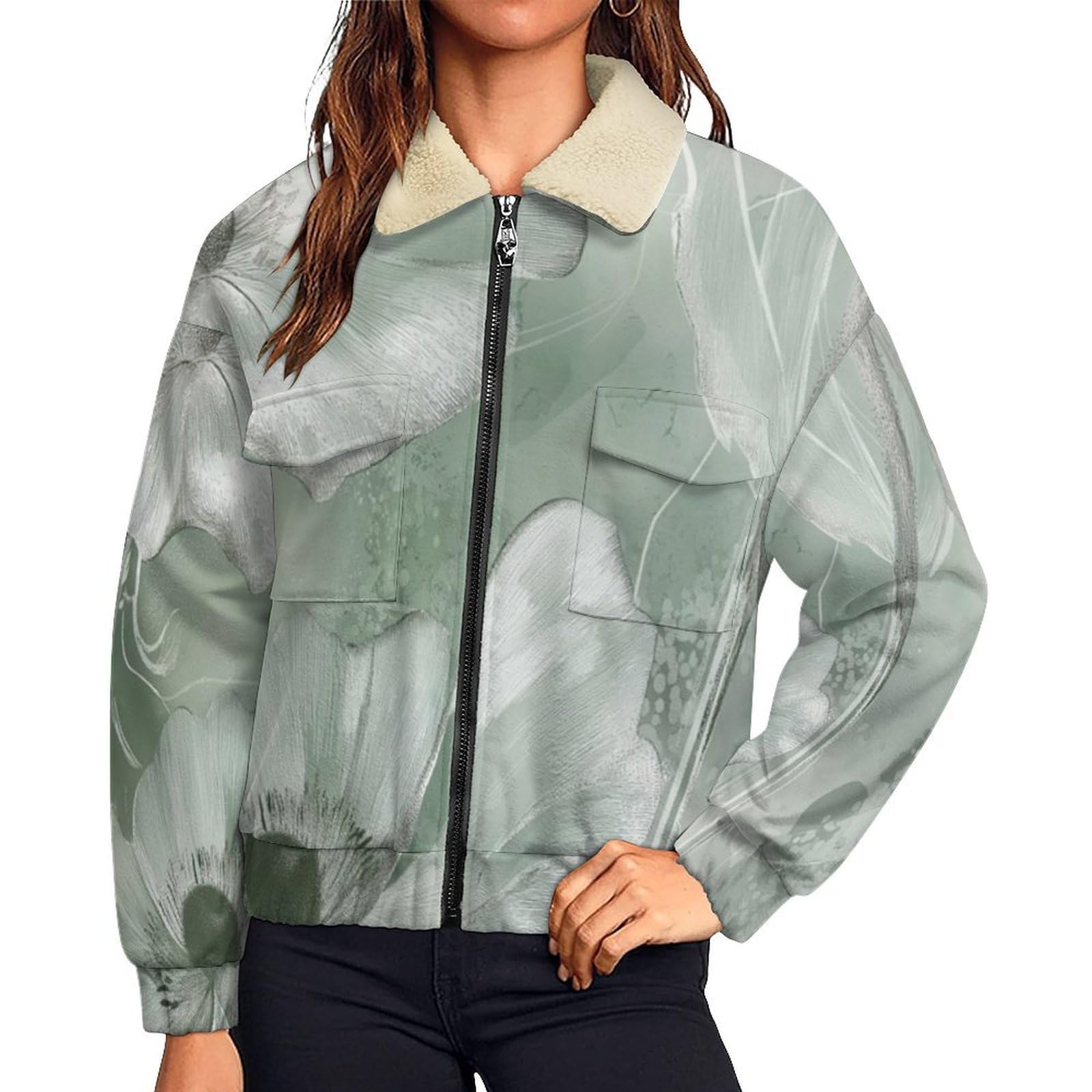 Donna Pile Giacca con Cerniera 2 Face, Floreale astratto fiori, Comoda in Pile di Velluto Spesso e Tasche Giacca Calda, Casual Grande Giacche Autunno e Inverno